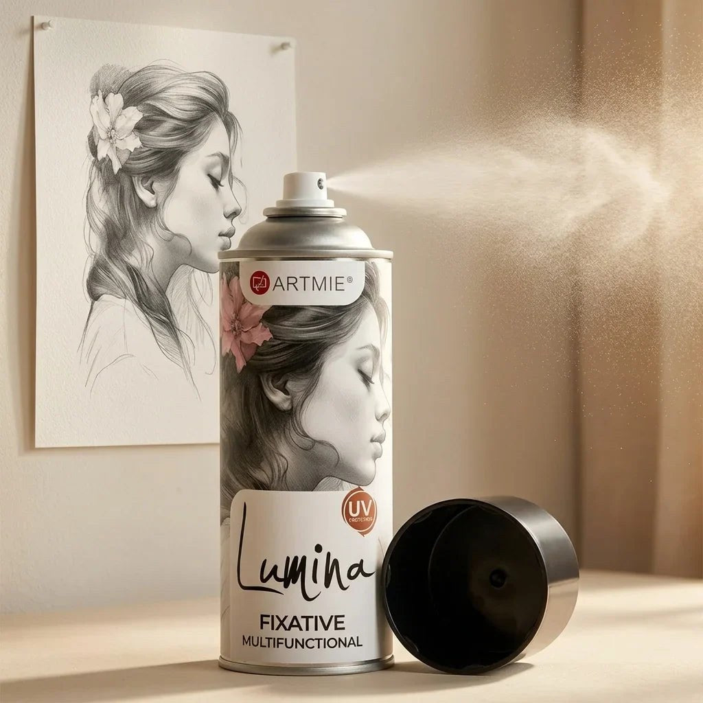 Spray fissativo ARTMIE Lumina con nebbia di spruzzo davanti a un disegno a matita