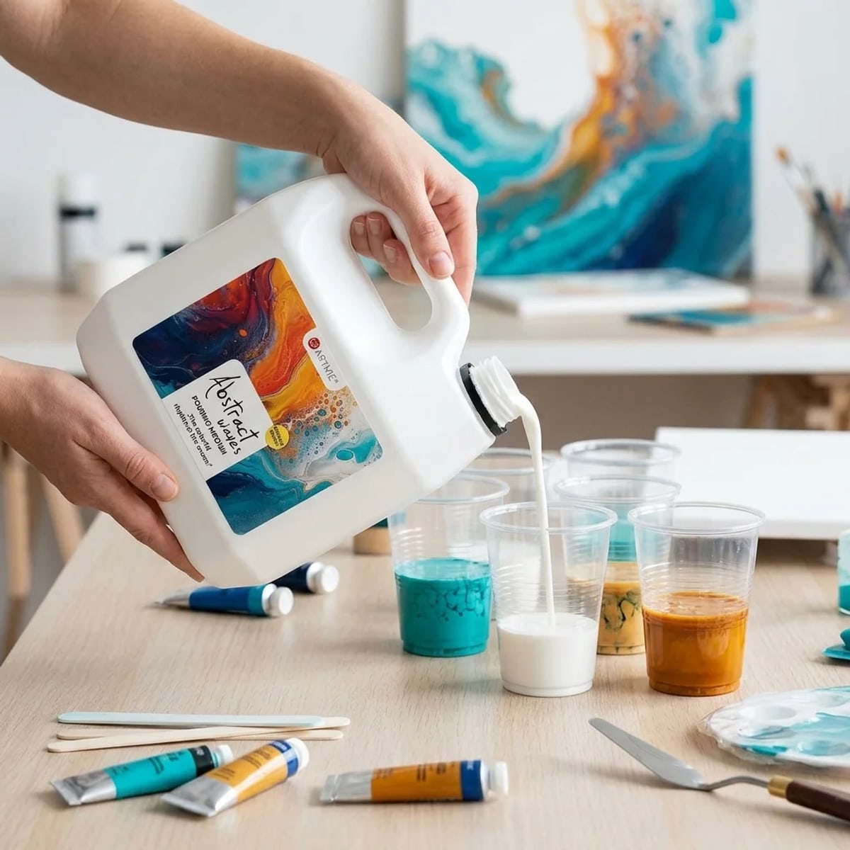 Medium per pouring ARTMIE Abstract waves 3 l — preparazione delle miscele di colore nei bicchieri