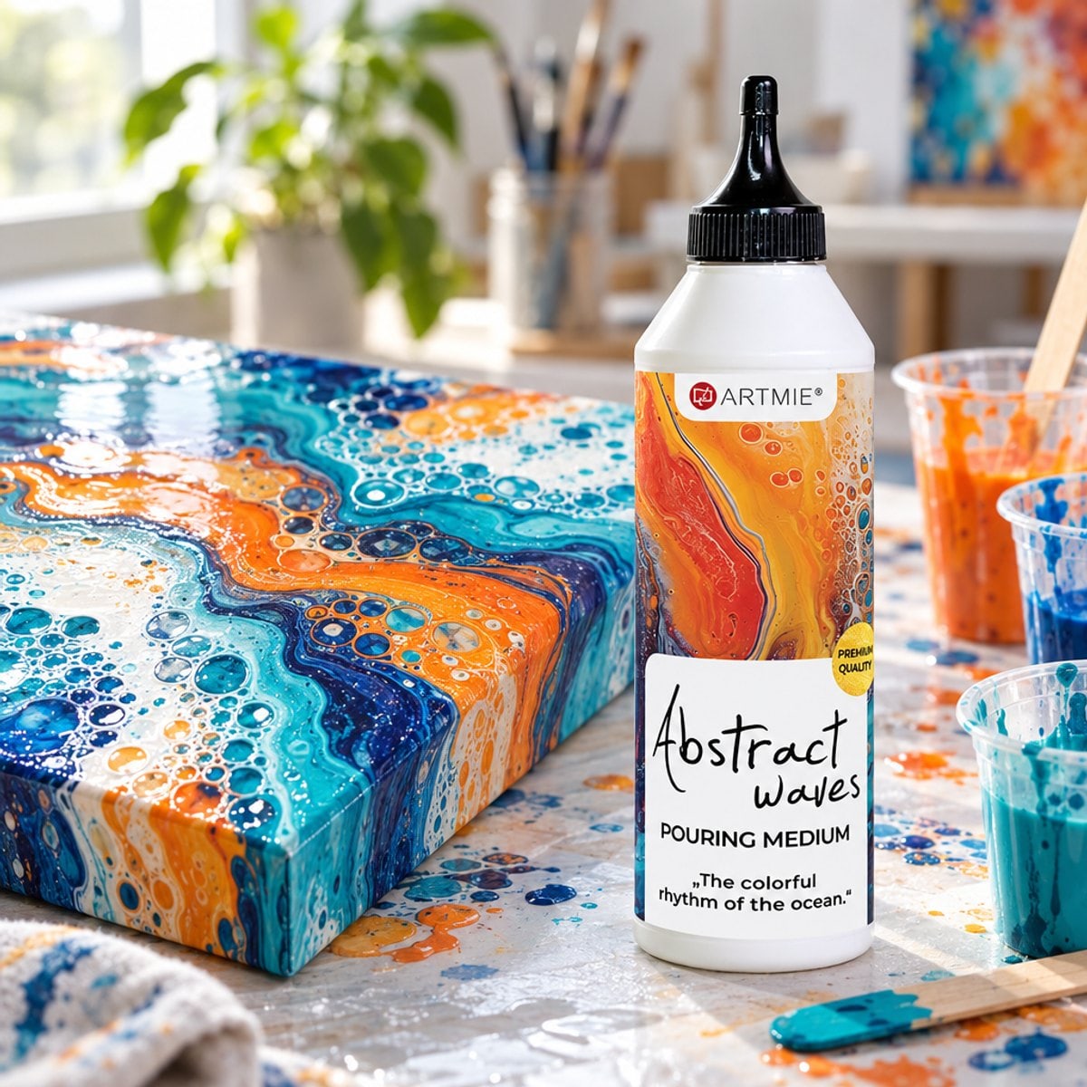 Medium per pouring ARTMIE Abstract waves 500 ml e quadro finito con effetto celle