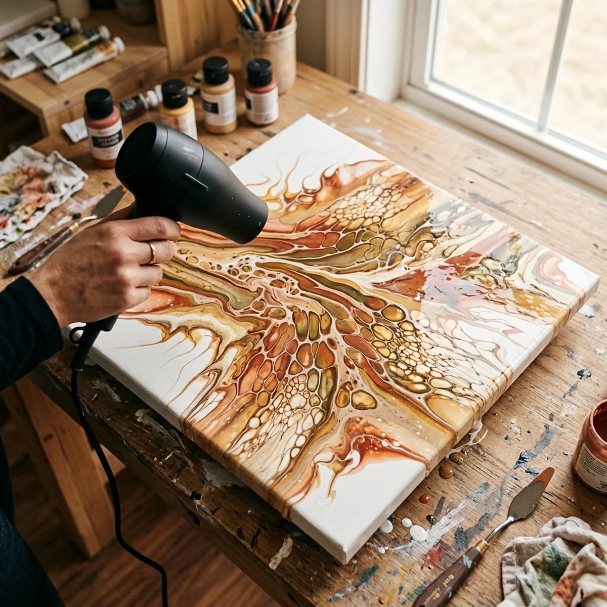 Tecnica Dutch pour — colore con medium ARTMIE Abstract waves soffiato con l'asciugacapelli