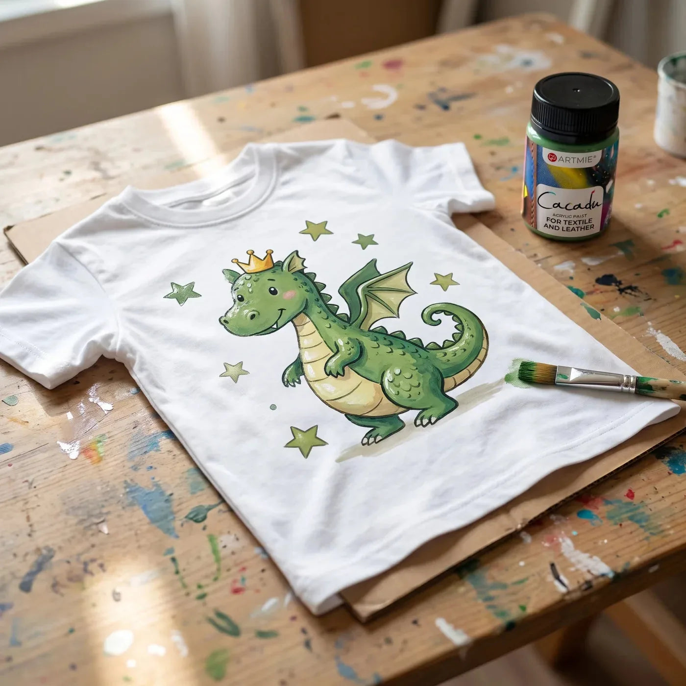 Motivo del drago con stelline completato, dipinto con colori Cacadu, che asciuga sulla t-shirt