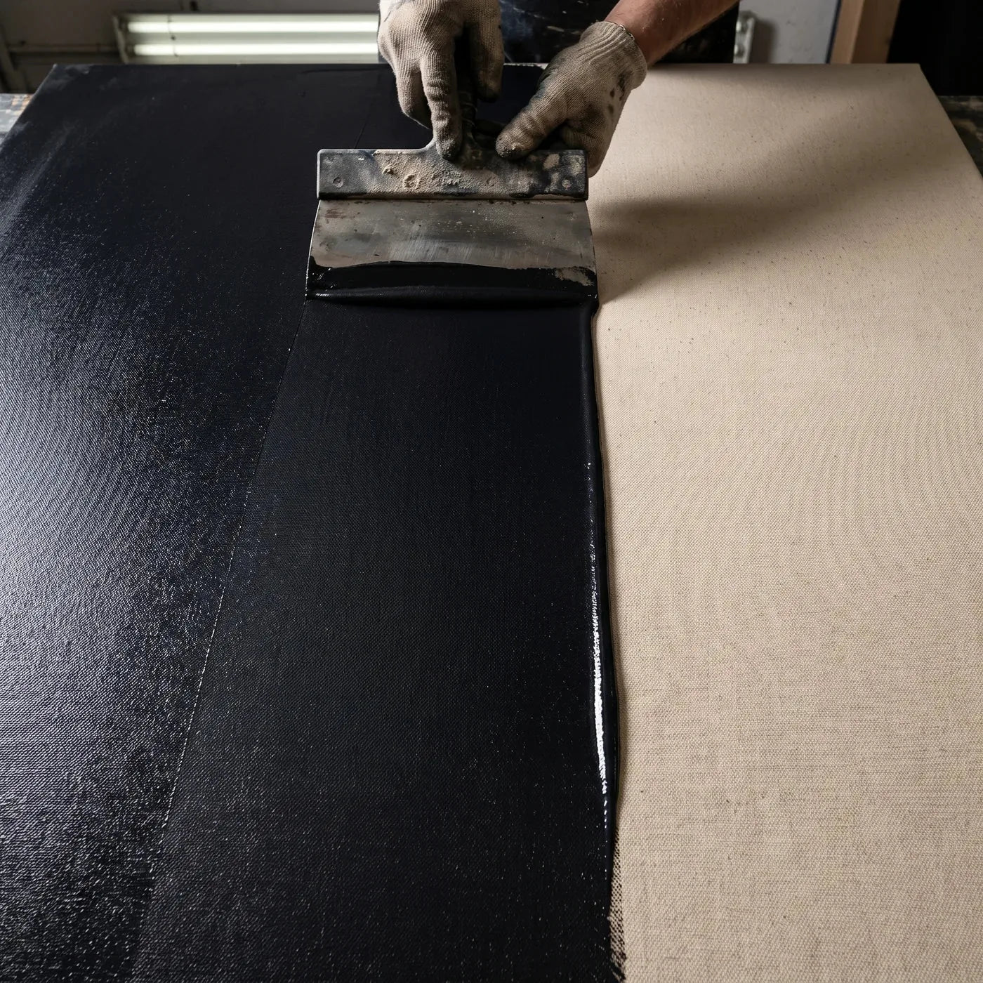 Applicazione del gesso nero con la spatola su una grande tela — dettaglio della superficie