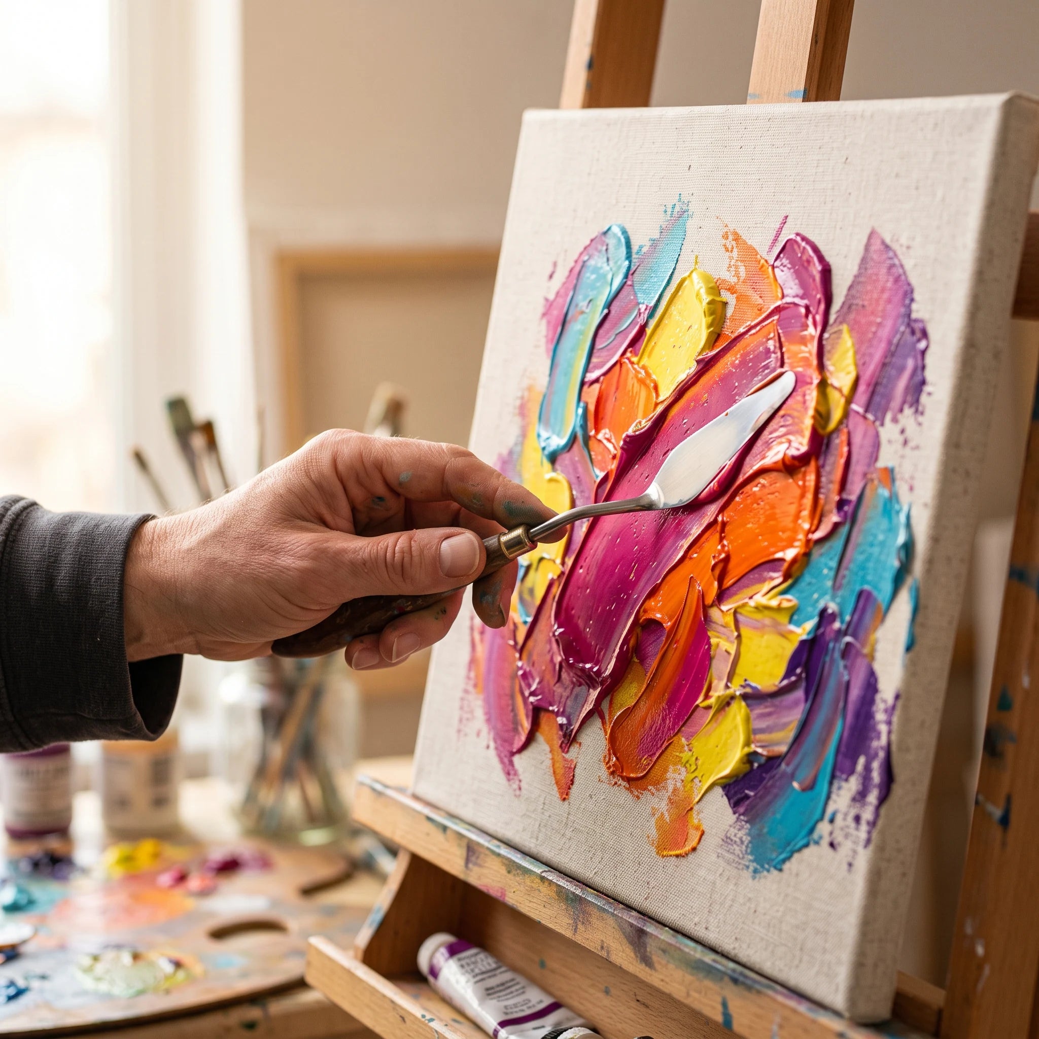 Applicazione di acrilico denso El Greco con spatola — effetto impasto