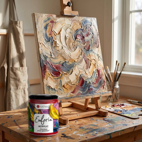 Quadro a impasto appena dipinto con colori ARTMIE Euforia che asciuga sul cavalletto