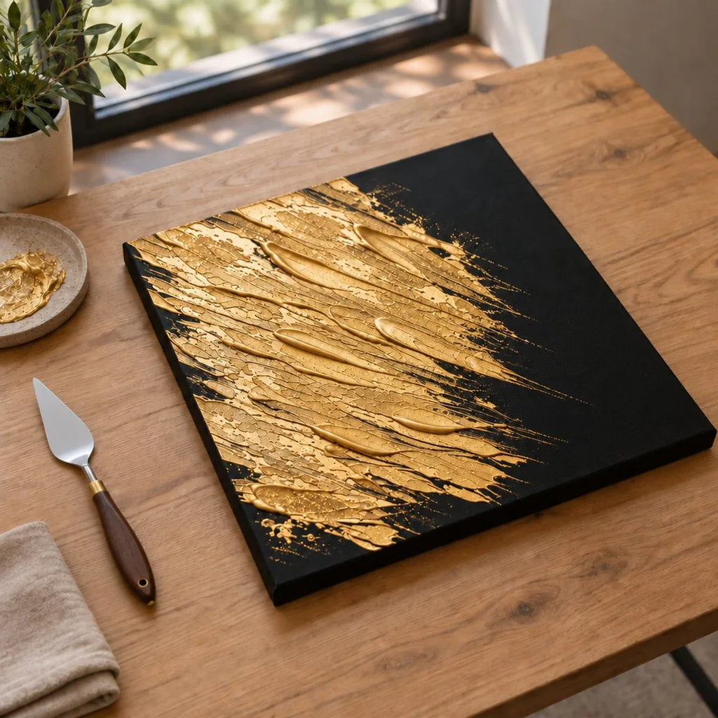 Astratto finito e asciutto in pasta dorata brillante ARTMIE MIDAS su tela nera