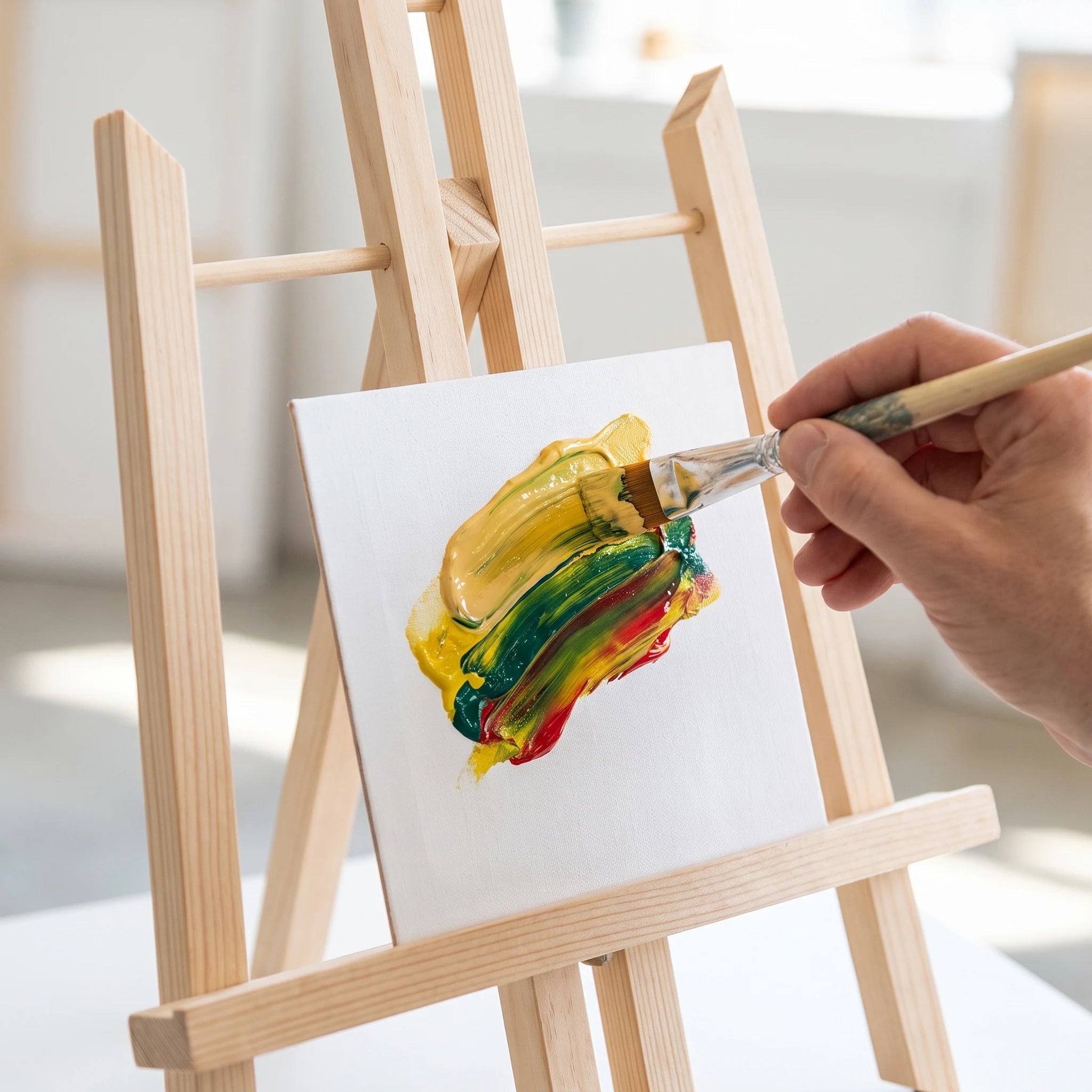 Primo piano dell'applicazione di colore acrilico denso con il pennello sulla tela
