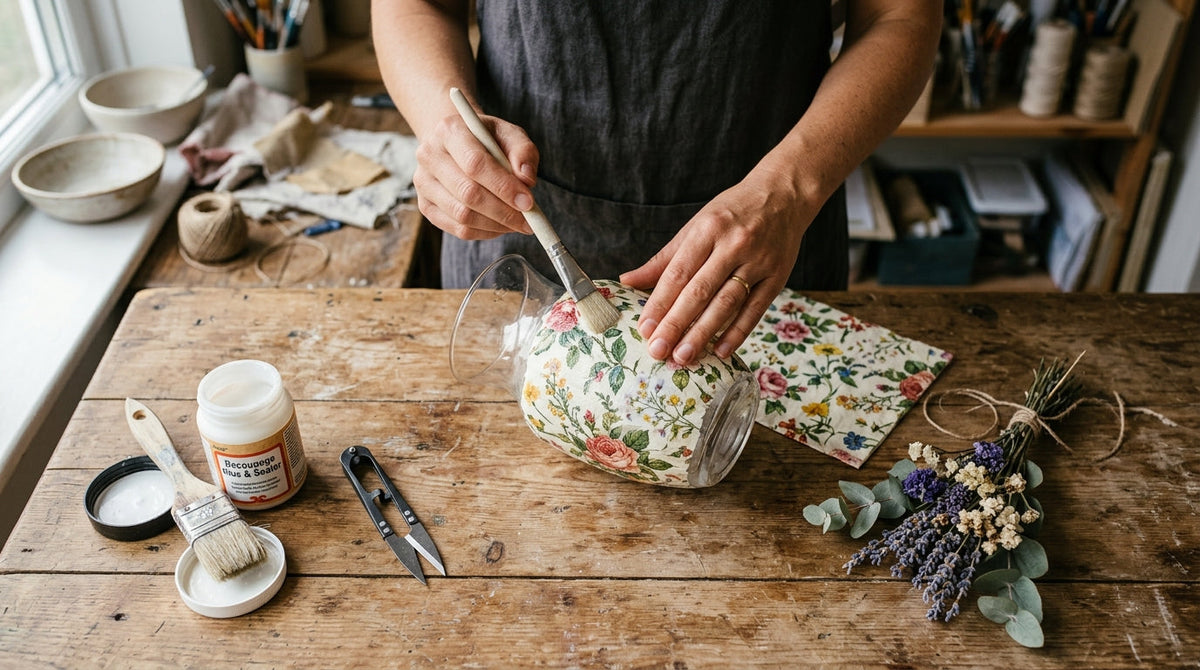 Decoupage su vetro: vaso decorato con tovagliolo a fiori