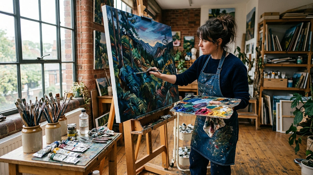 Künstler bei der Arbeit an einer Leinwand in einem professionellen Atelier