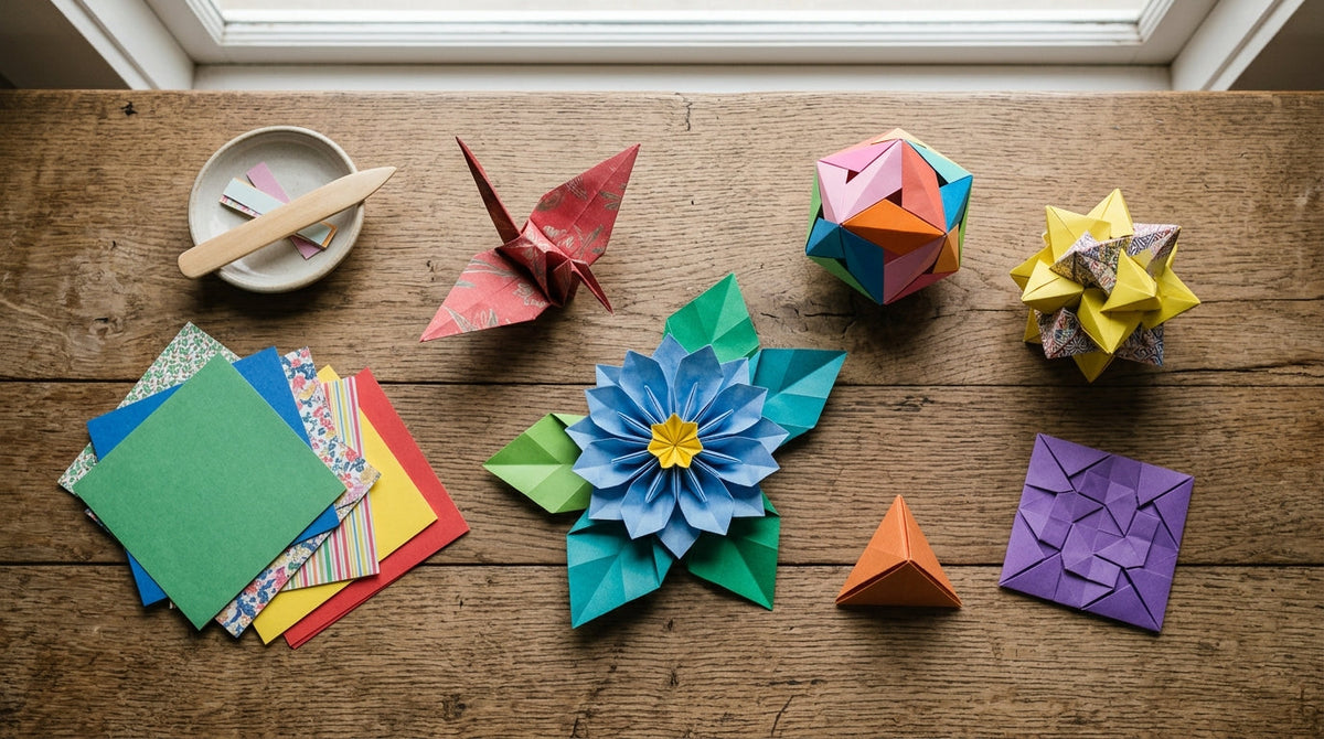 Πολύχρωμα γλυπτά origami από χαρτί πάνω σε ξύλινο τραπέζι