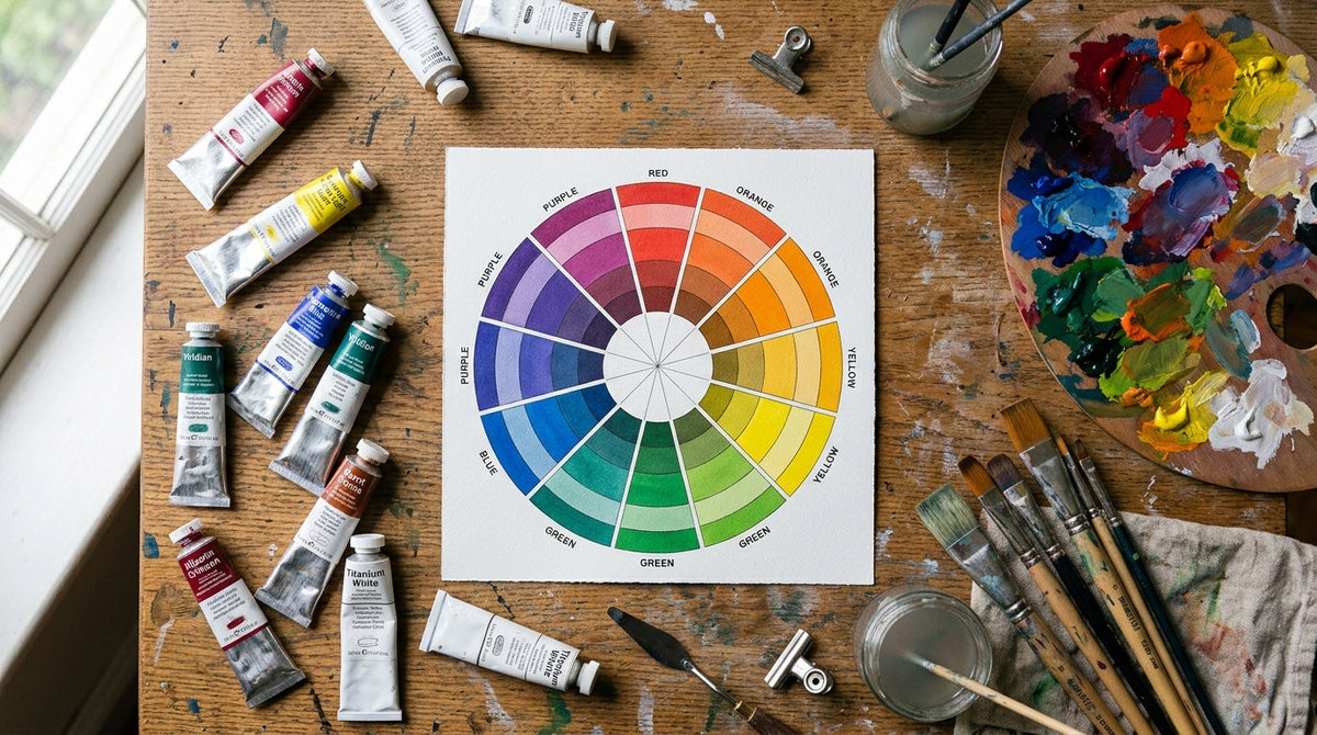 Ruota dei colori e tubetti di pittura sulla scrivania