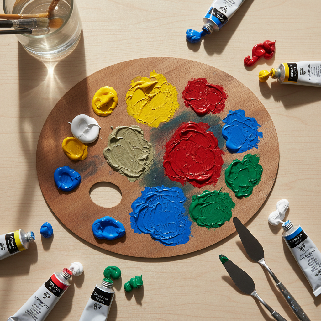 acrylic paint tubes squeezed on a palette