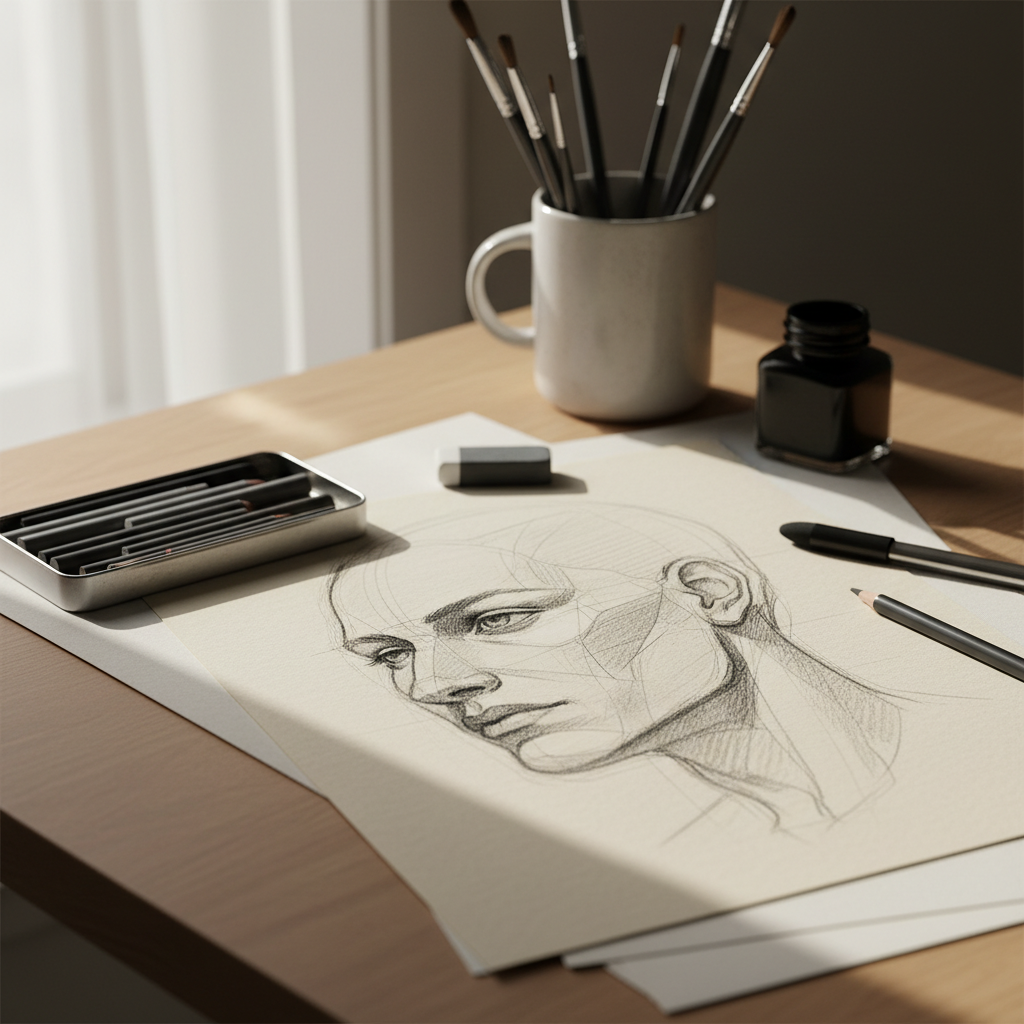 charcoal sketch of a human face with guidelines