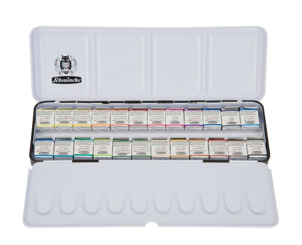 Colori ad acquerello Schmincke HORADAM in scatola di metallo, 24 x 1/2 godet