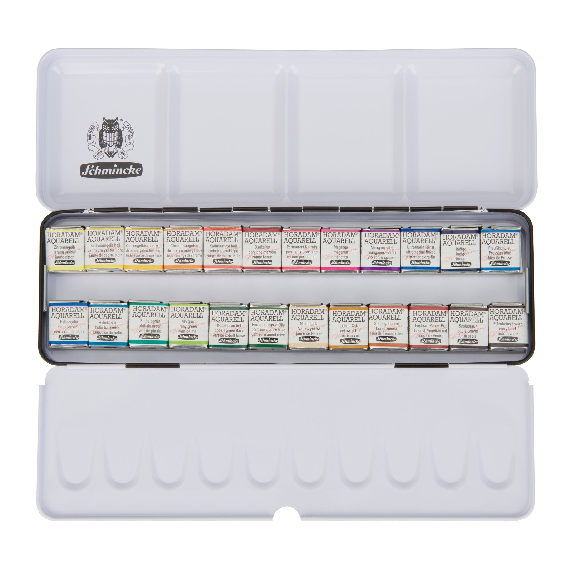 Colori ad acquerello Schmincke HORADAM in scatola di metallo, 24 x 1/2 godet