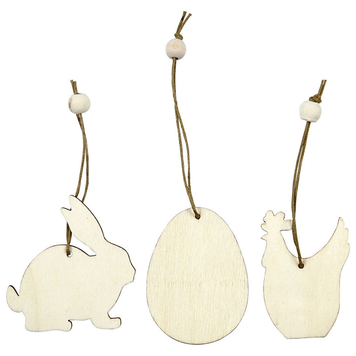 Decorazioni in legno da appendere - coniglio, uovo, gallina - 9 pezzi