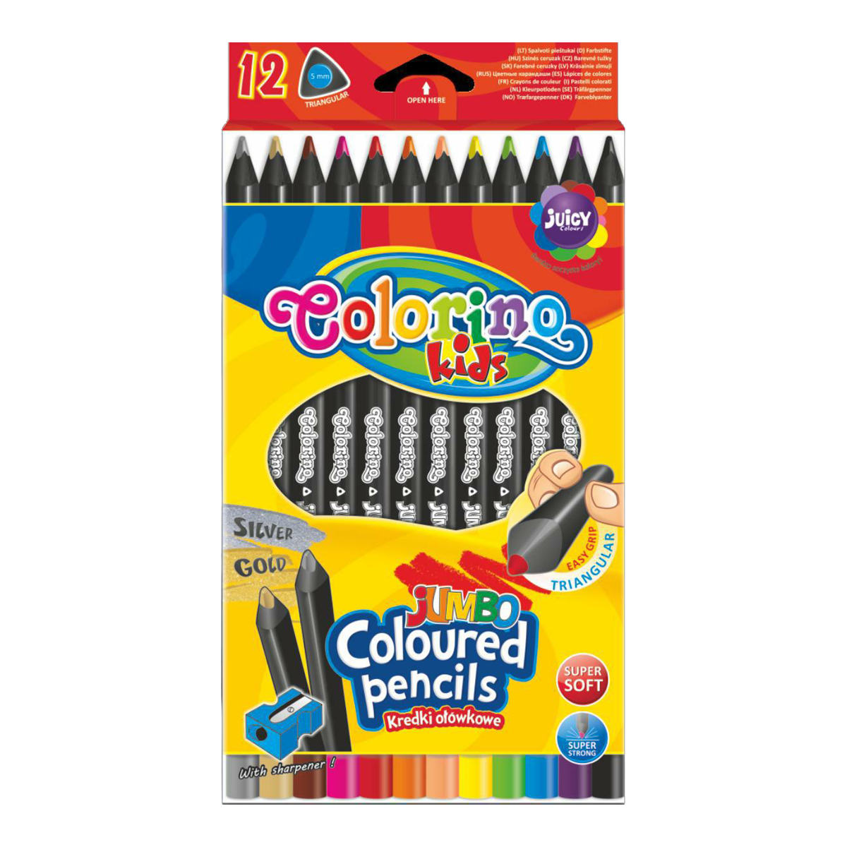 Pastelli triangolari JUMBO Colorino in legno nero con temperamatite - 12 colori