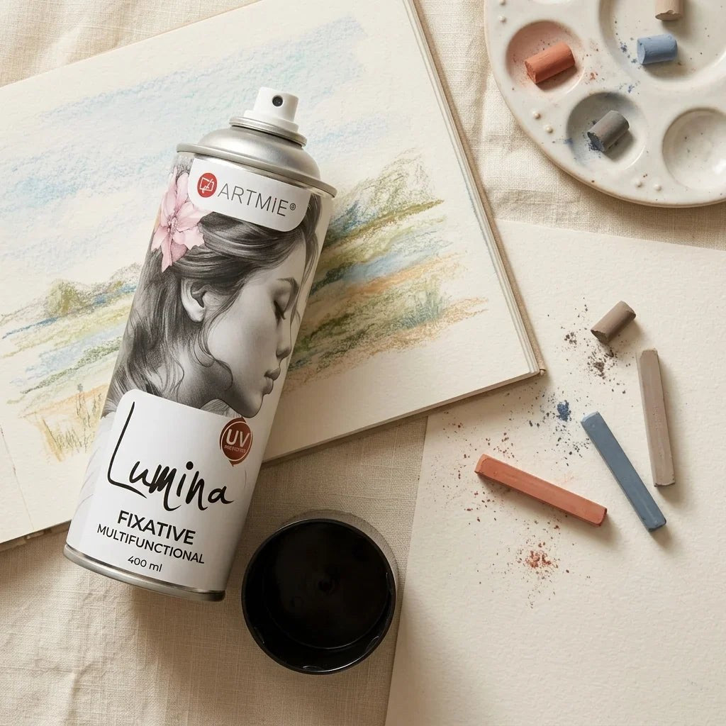 Spray fissativo ARTMIE Lumina accanto a un disegno a pastello, pastelli secchi e tavolozza