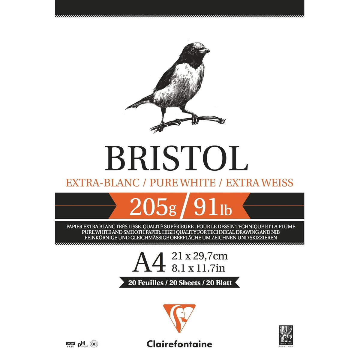 Blocco da disegno CLAIREFONTAINE Bristol 205 g/m² A4 – A3 - 20 fogli