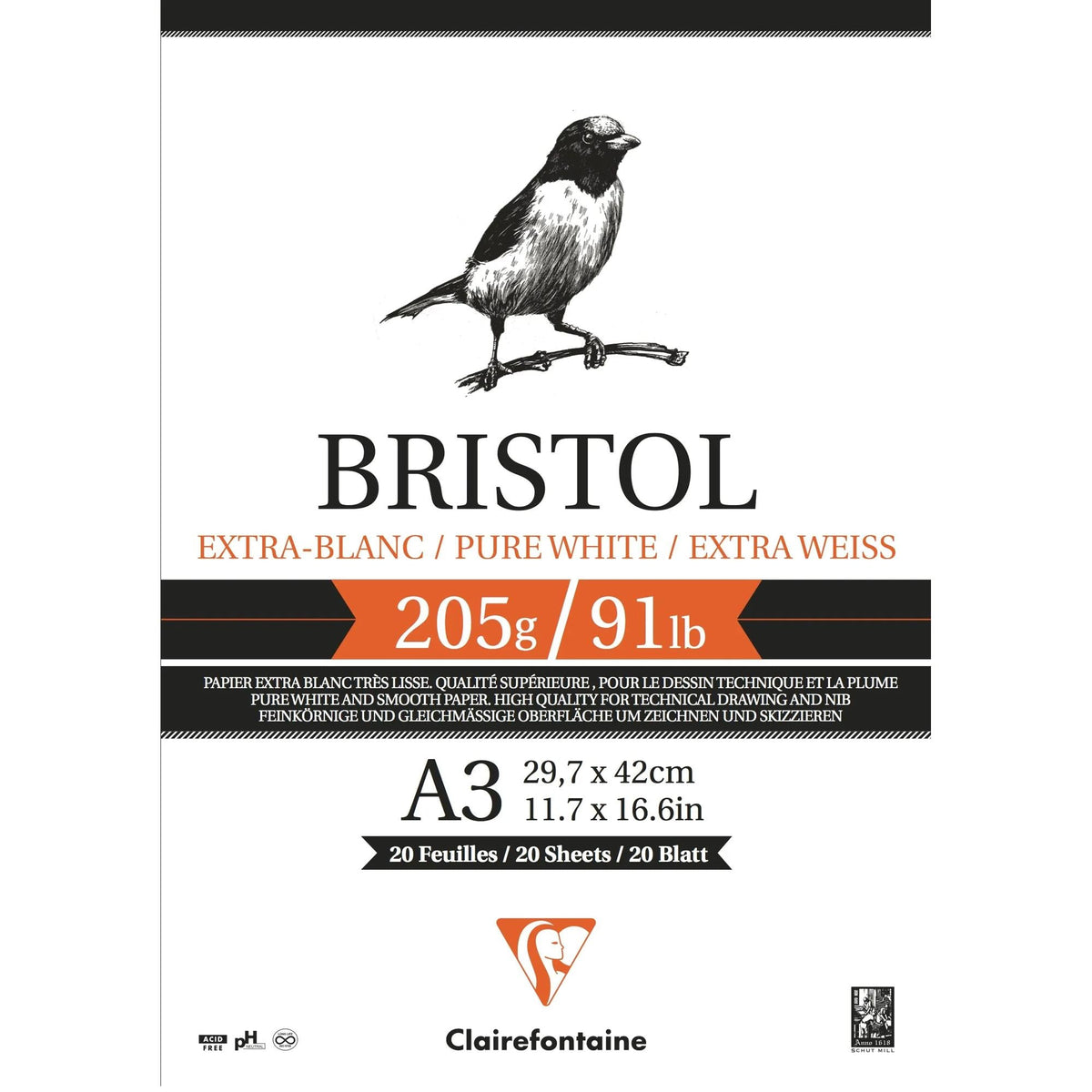 Blocco da disegno CLAIREFONTAINE Bristol 205 g/m² A4 – A3 - 20 fogli