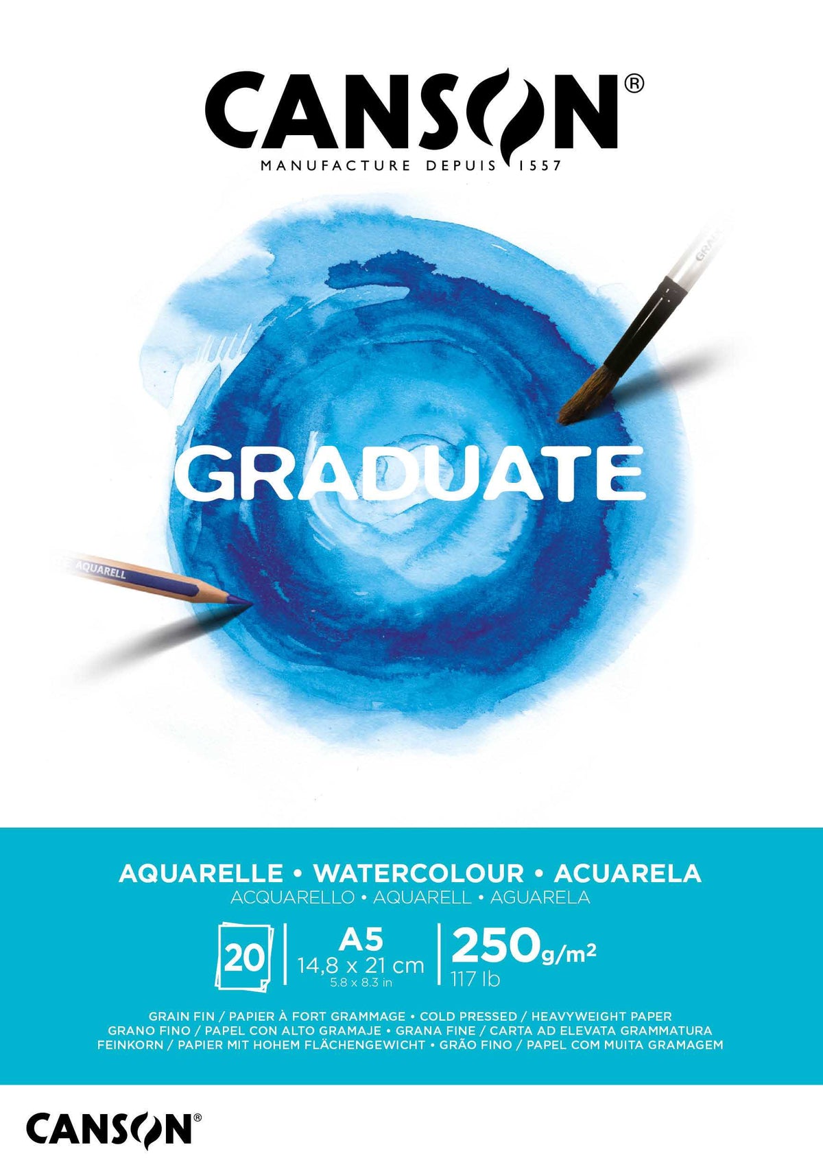 Blocco per acquerello Canson Graduate CP 250 g - 20 fogli, A5 collato