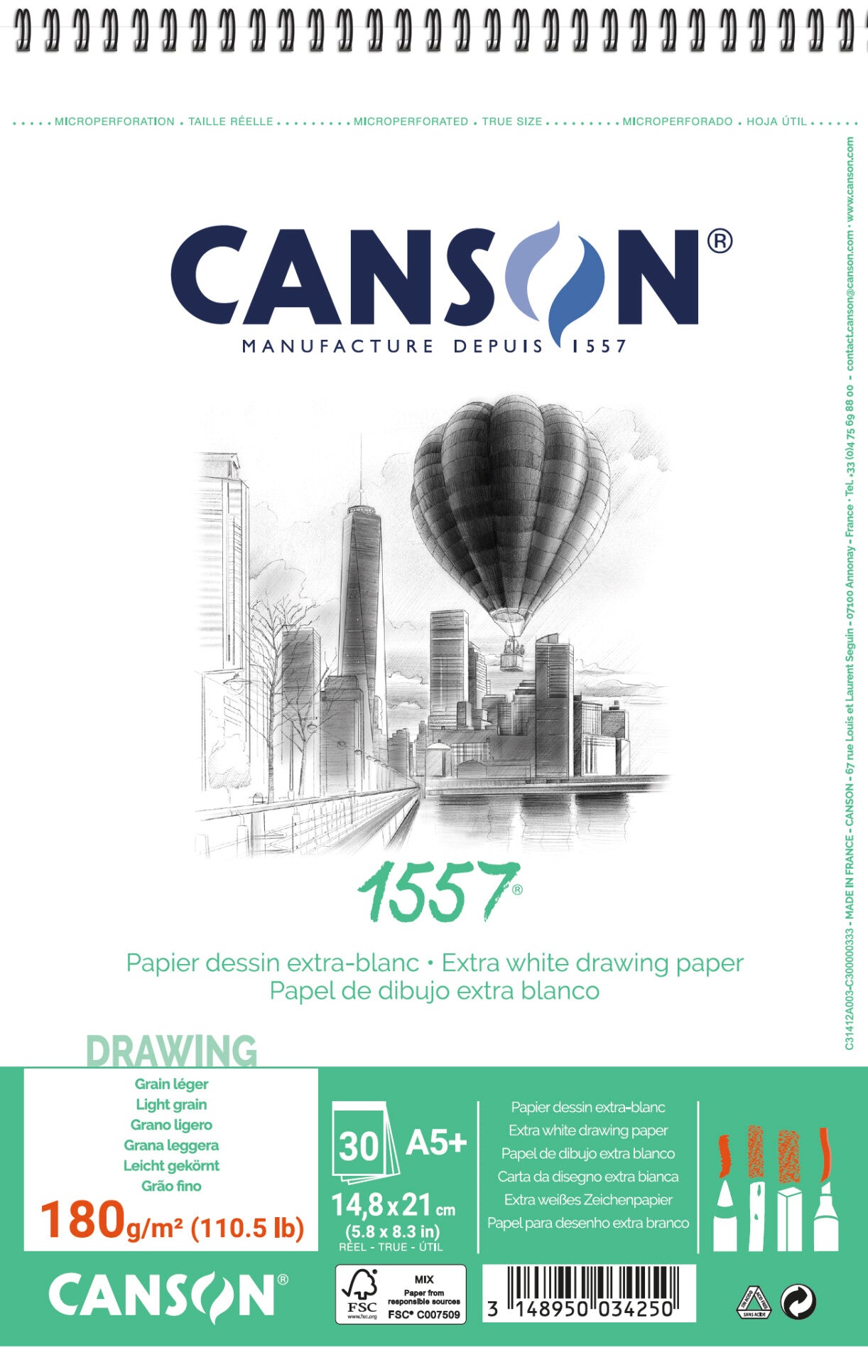 Blocco da disegno CANSON 1557 180 g/m² A5 30 fogli, rilegatura a spirale