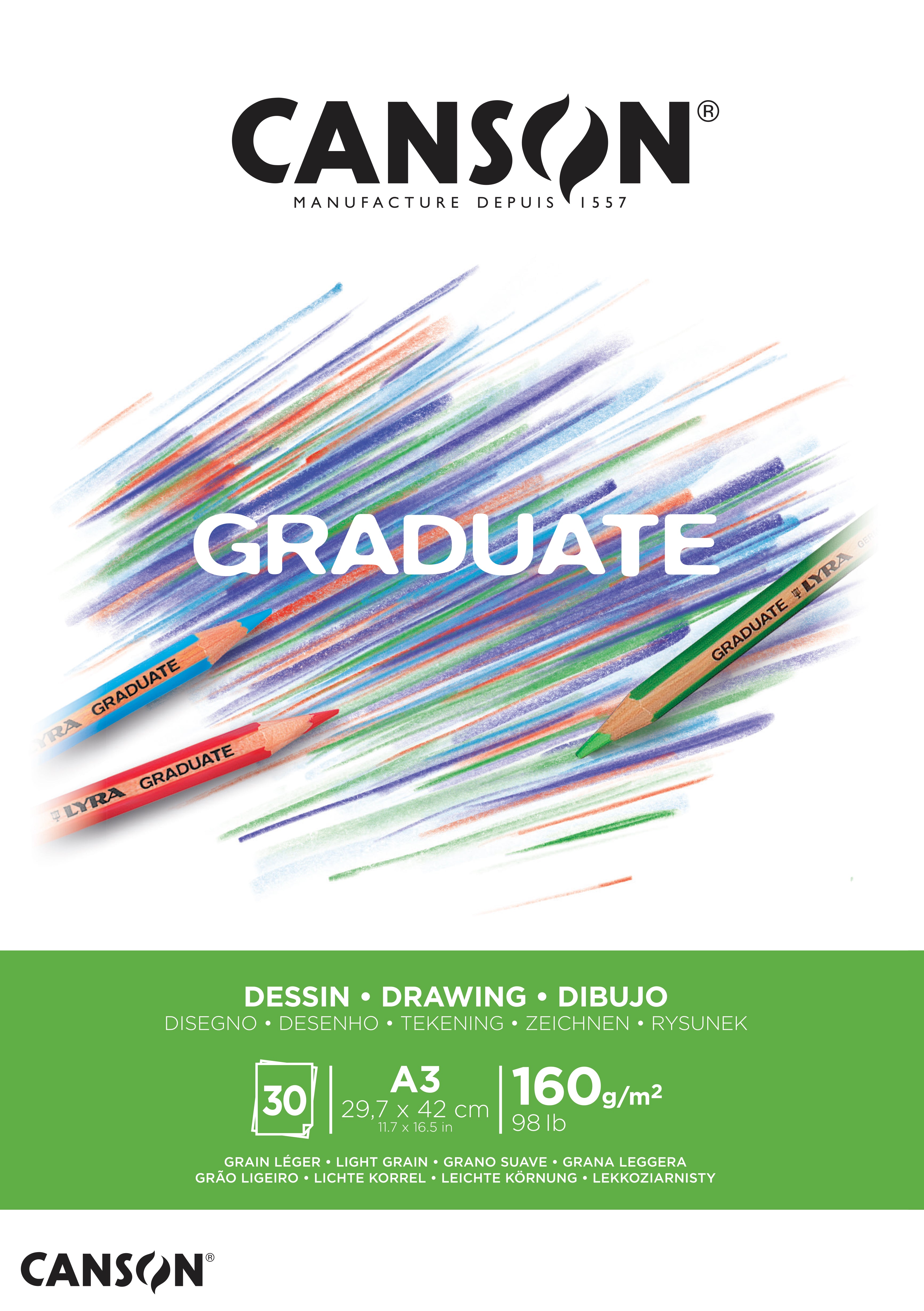Blocco da disegno Canson Graduate Drawing White 160 g/m² - 30 fogli, A3, incollato