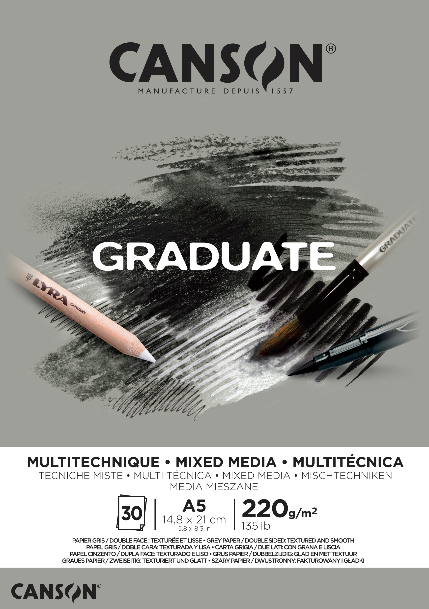 CANSON Graduate Mix Media blocco grigio 220 g A5 - 30 fogli incollato