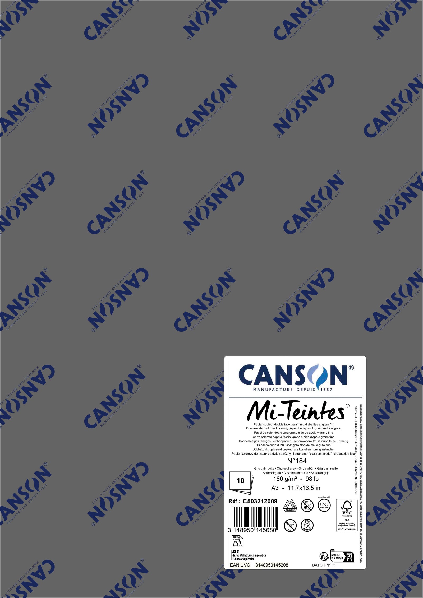 Carta per pastello Canson Mi-Teintes A3 160 g - 10 fogli – Grigio antracite 184