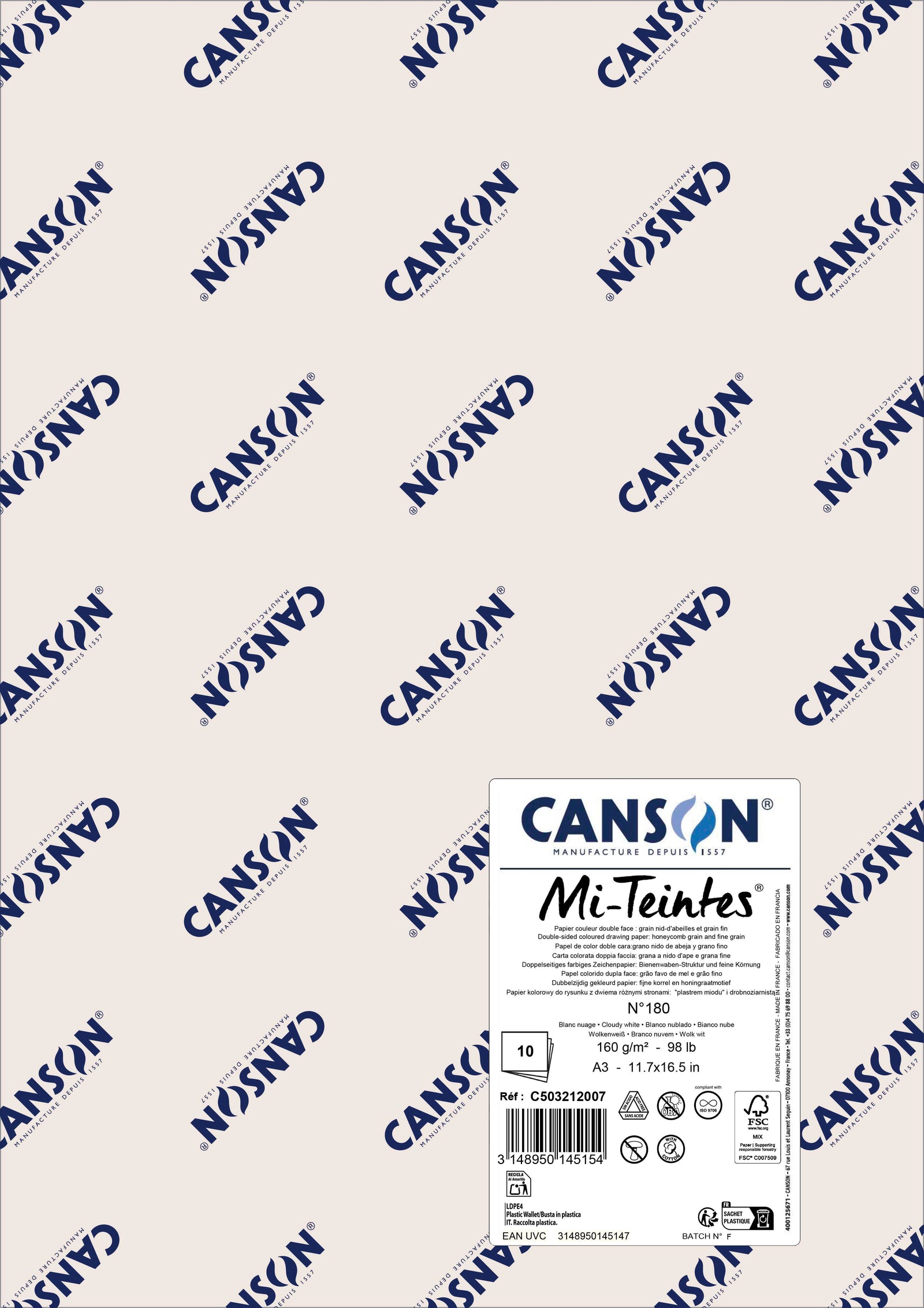 Carta per pastello Canson Mi-Teintes A3 160 g - 10 fogli – Bianco nuvola 180