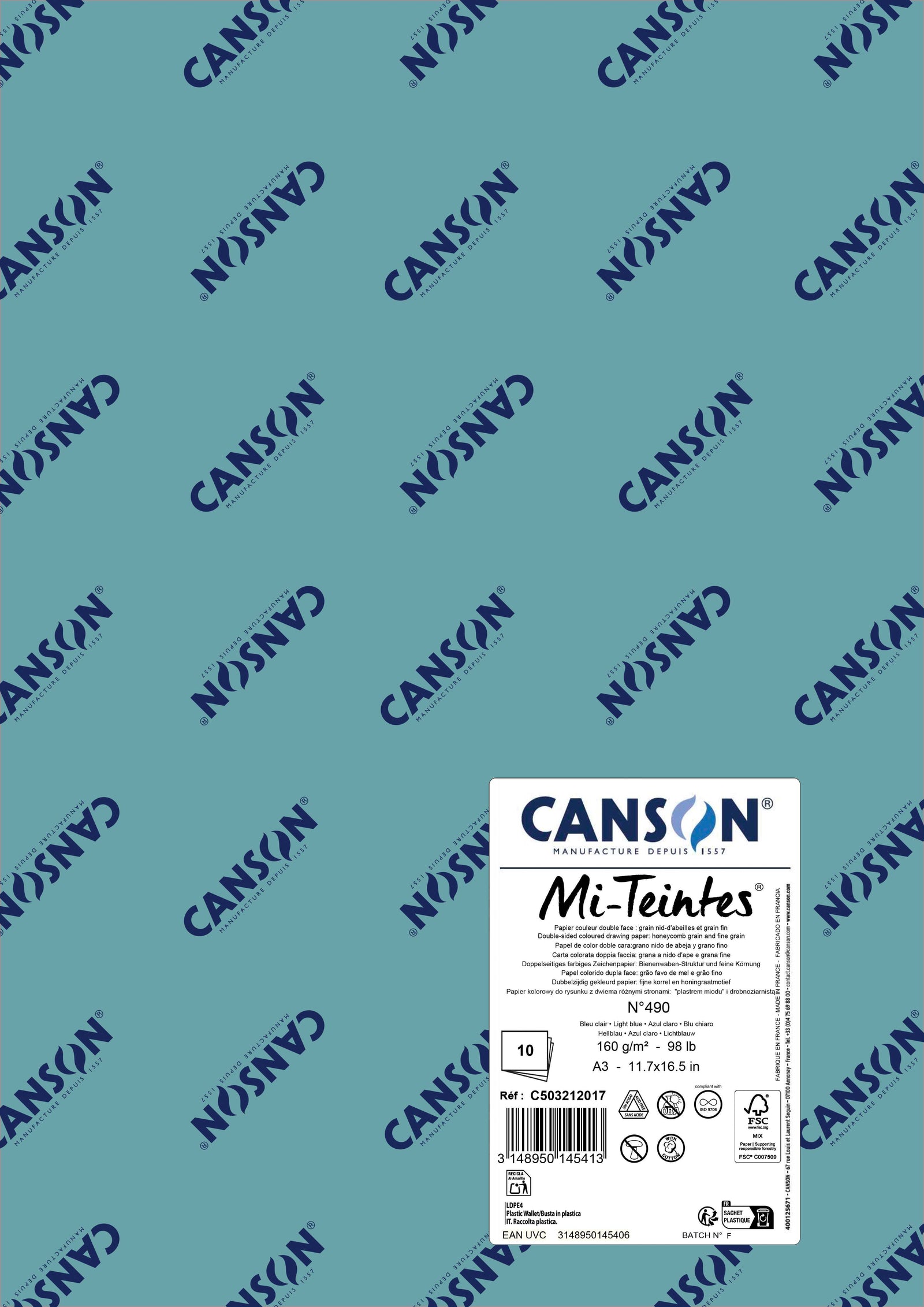 Carta per pastello Canson Mi-Teintes A3 160 g - 10 fogli – Blu chiaro 490