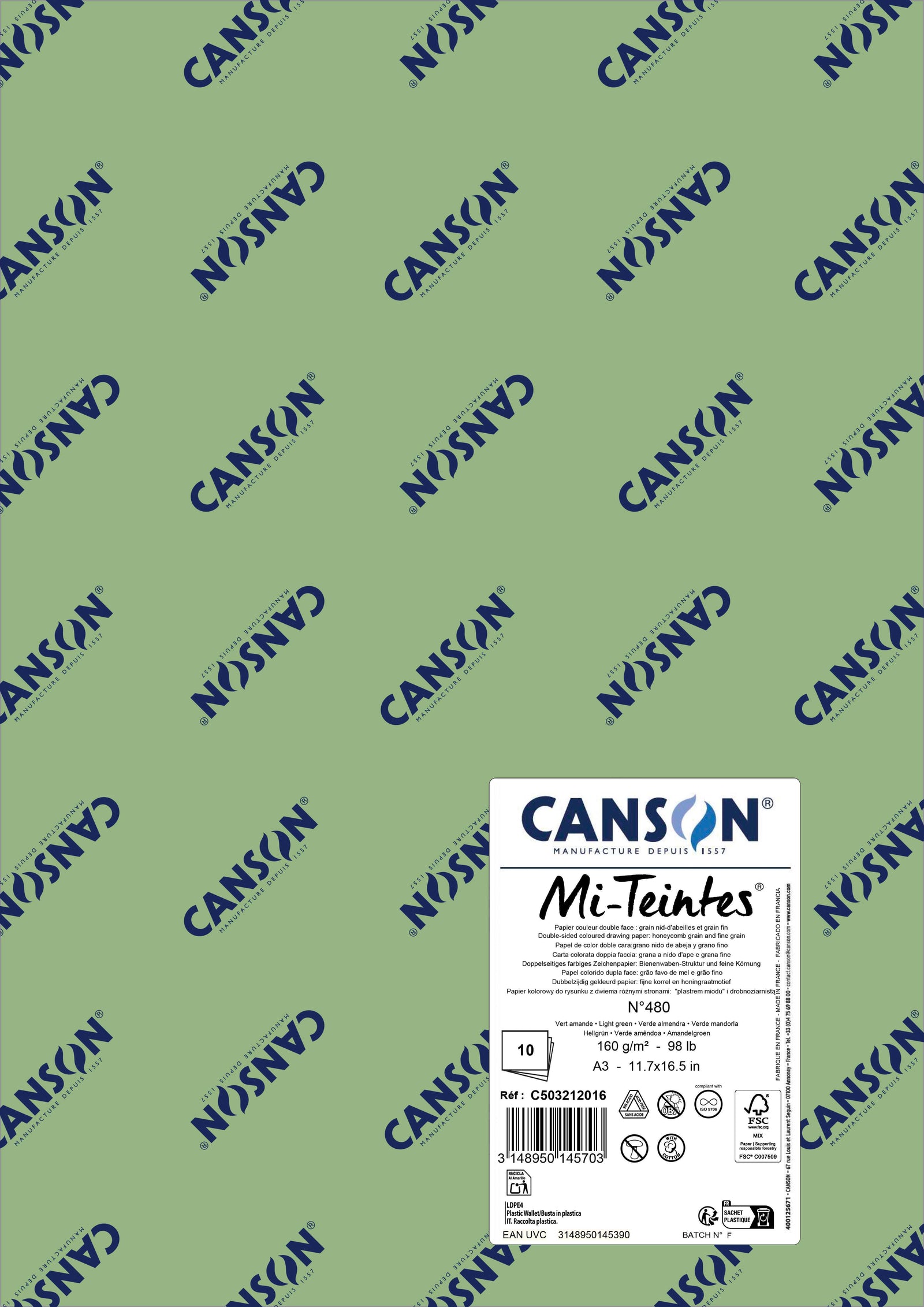 Carta per pastello Canson Mi-Teintes A3 160 g - 10 fogli – Verde chiaro 480