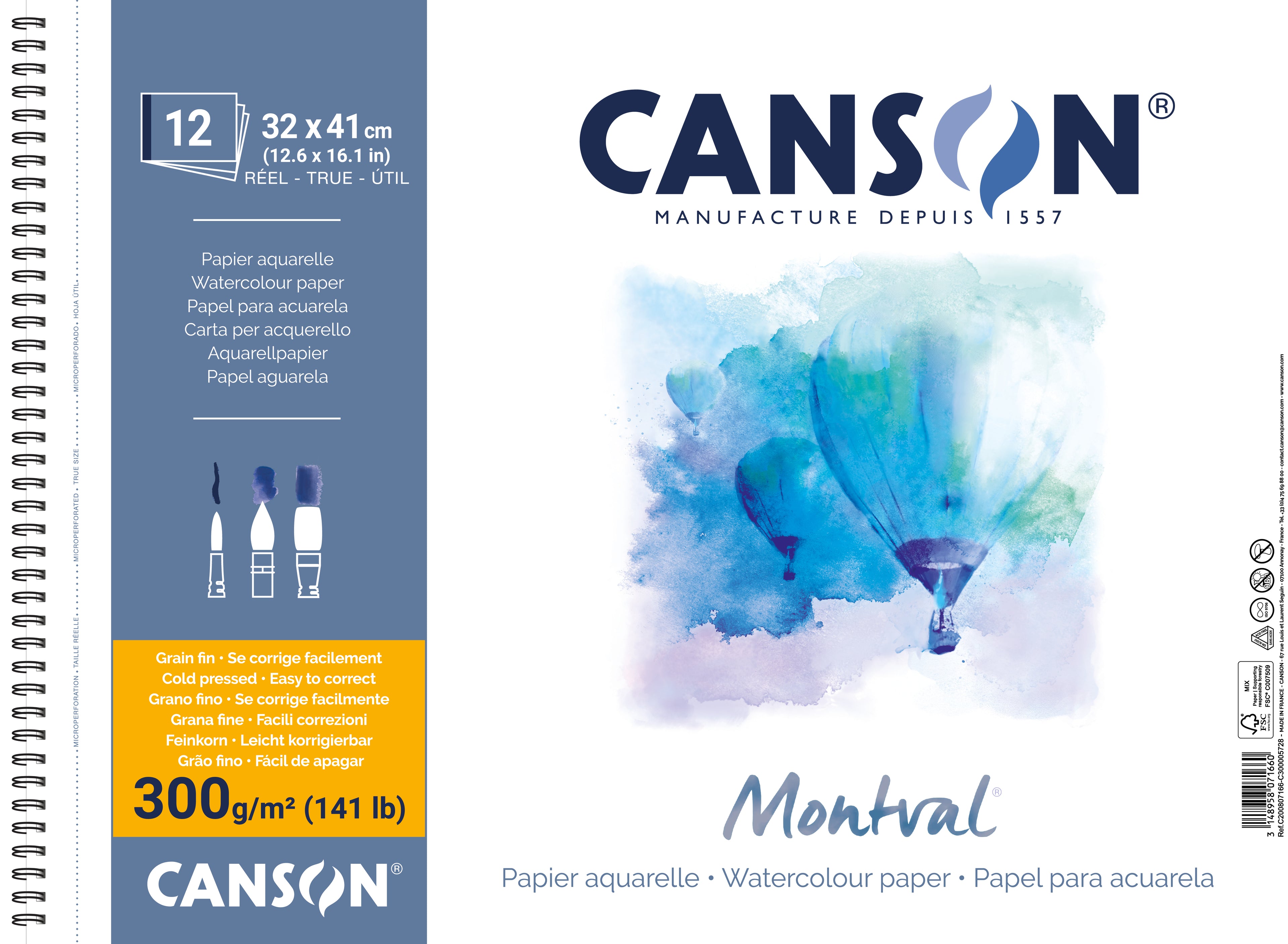 CANSON Montval blocco per acquerello CP 300 g/m² 12F 32 x 41 cm rilegatura a spirale
