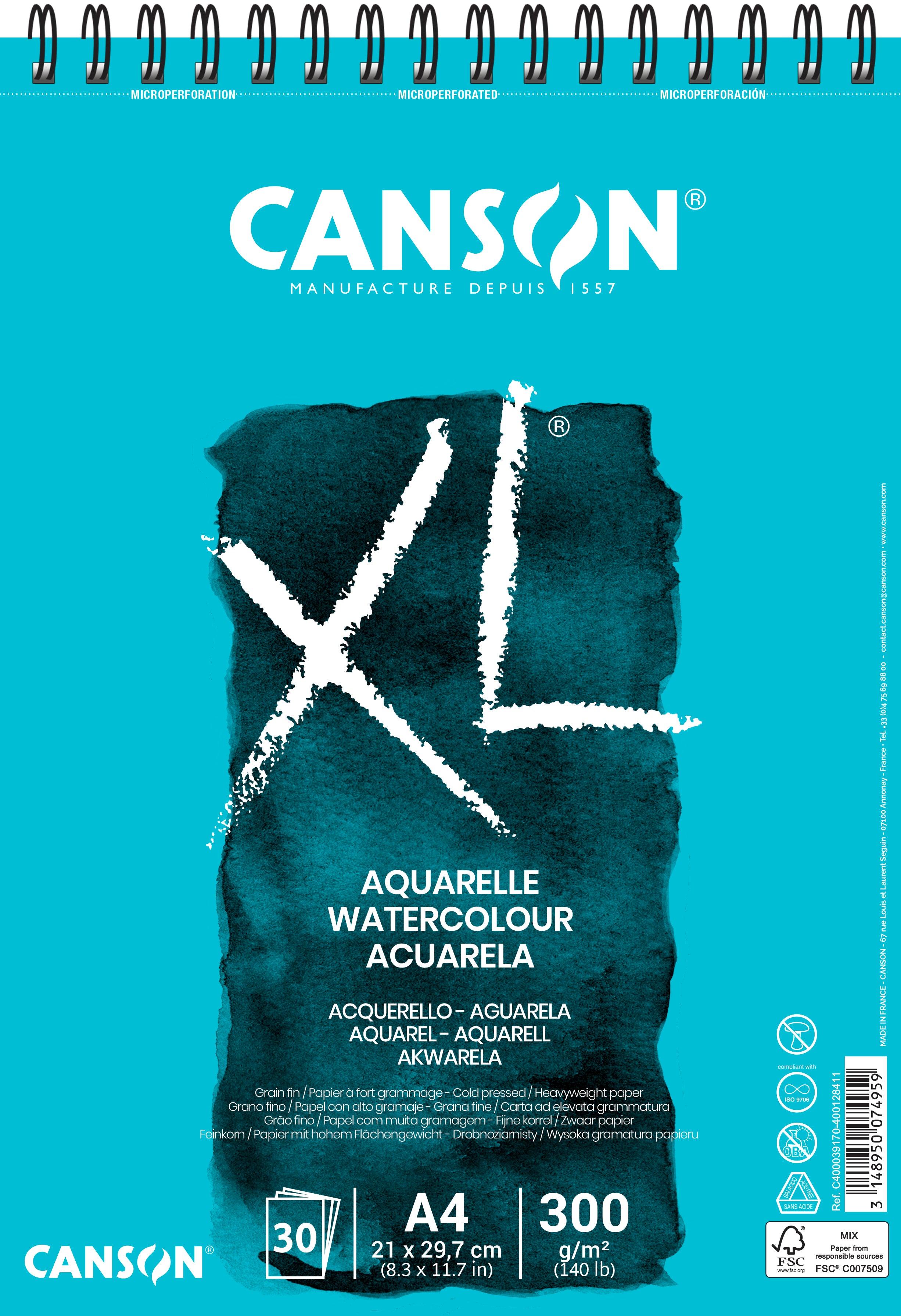 Canson XL Blocco per acquerello CP White 300 g/m² - 30 fogli, A4, rilegatura a spirale
