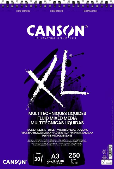 Blocco Canson XL Fluid Mix Media 250 g/m², 30 fogli, A3, rilegatura a spirale