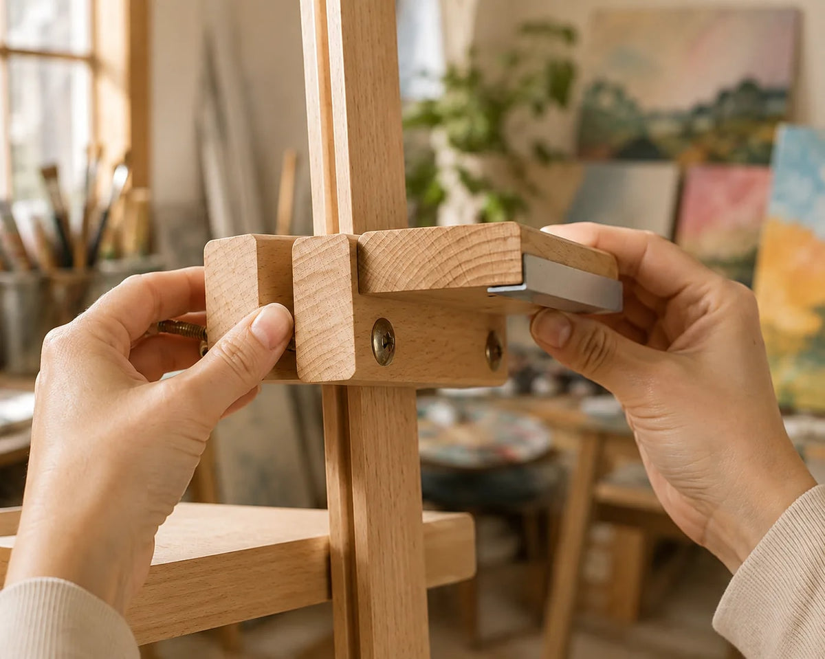 Regolazione del supporto superiore del cavalletto MY HOME — dettaglio con profilo in alluminio