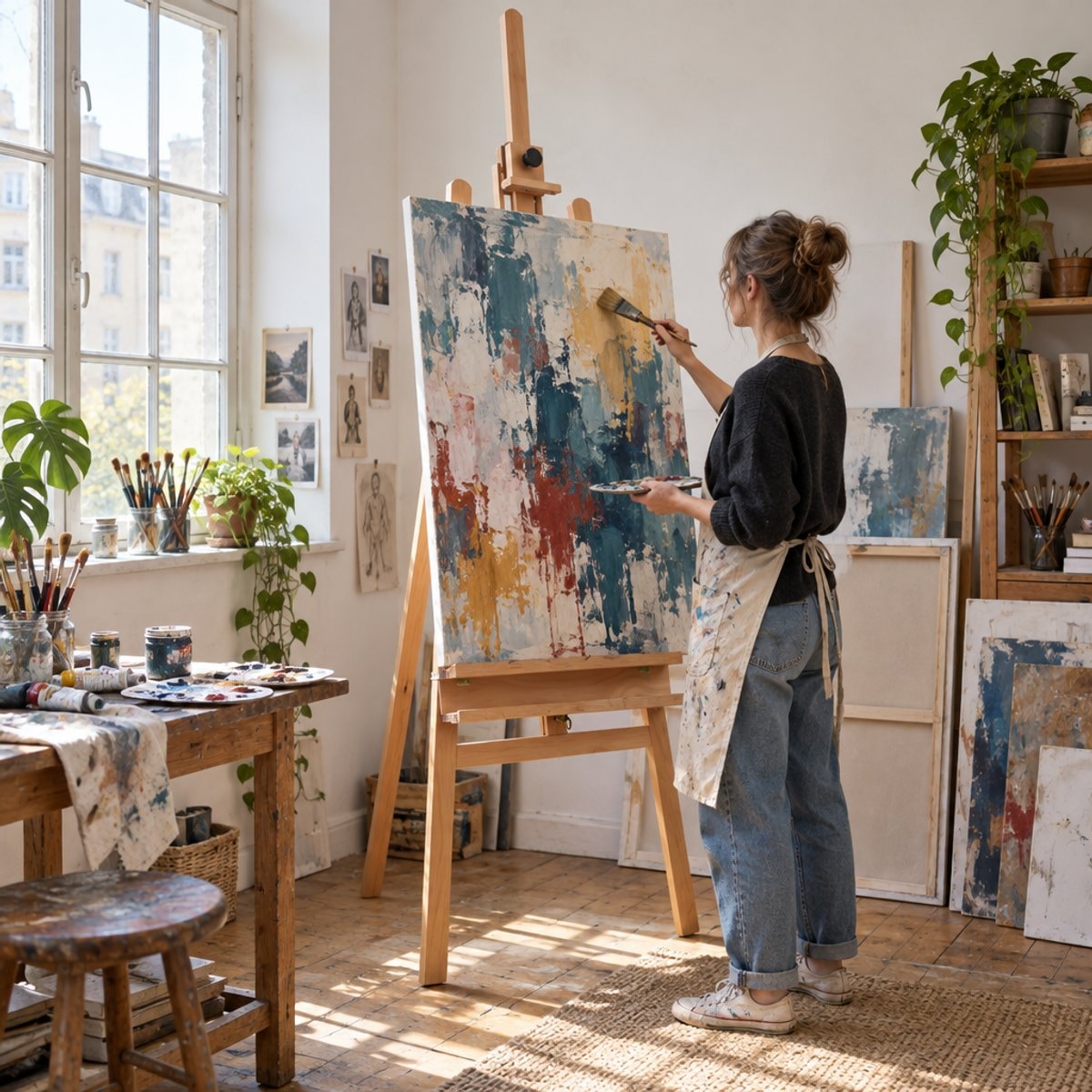 Pittrice al cavalletto da atelier Valeriano PROFI con una tela grande nello studio di casa