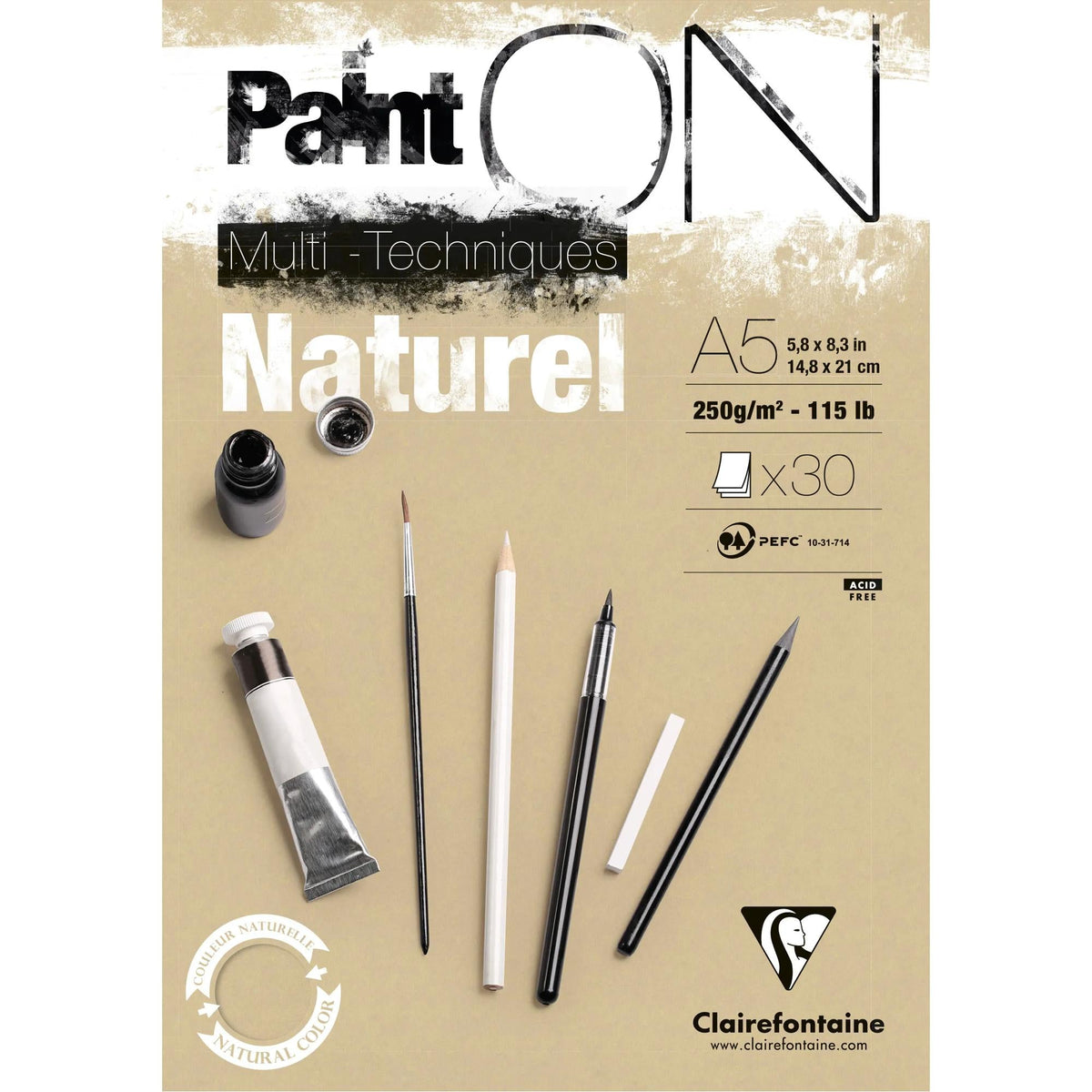 Blocco per tecniche miste CLAIREFONTAINE Paint'On naturale 250 g/m² – 30 fogli – A5