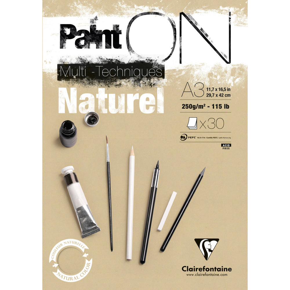 Blocco per tecniche miste CLAIREFONTAINE Paint'On naturale 250 g/m² – 30 fogli – A3