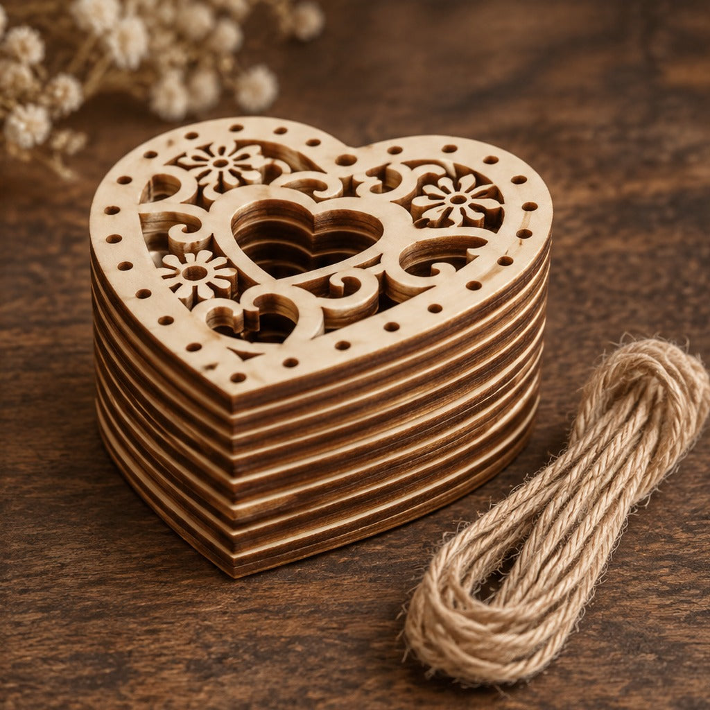 Cuori in legno intagliati con decoro 5 x 5 cm - set da 5 pz