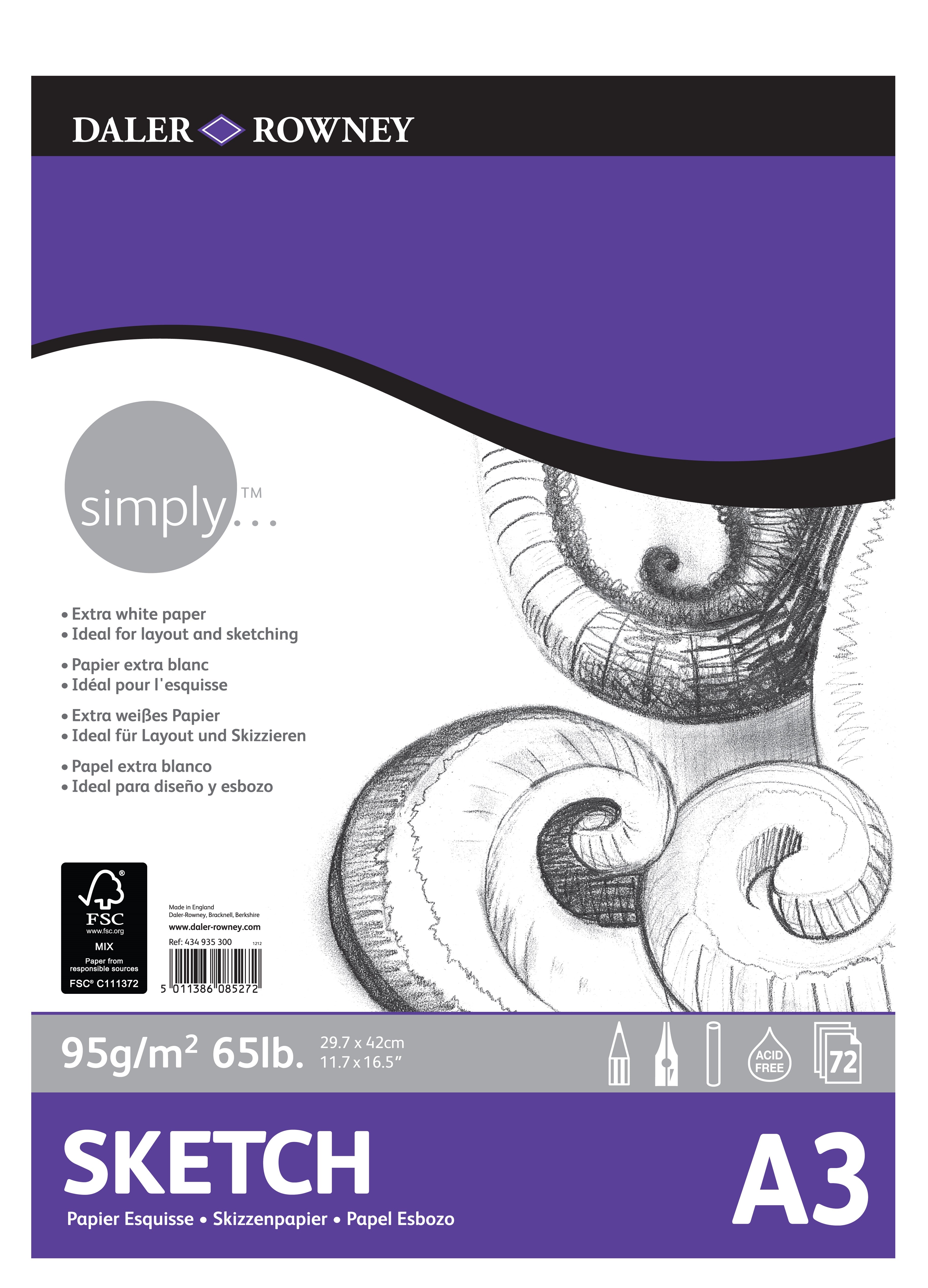 DALER ROWNEY Simply blocco da disegno per schizzi A3 95 g 72fg incollato