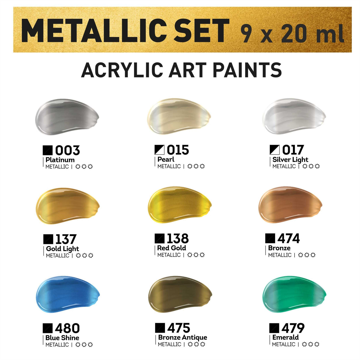 Set colori acrilici metallizzati Kompozit ACRYL PRO 9 × 20 ml – immagine 2