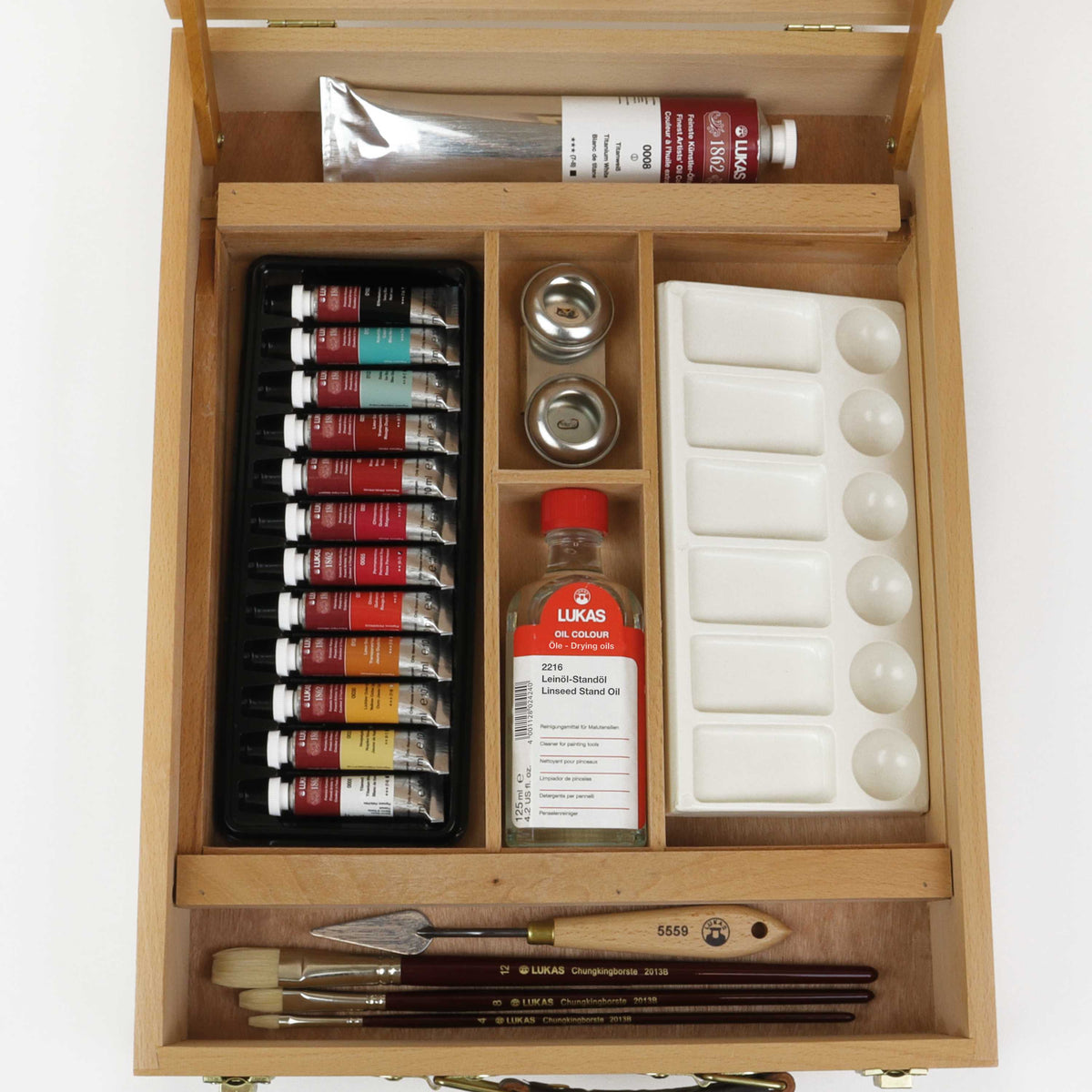 LUKAS 1862 set dei colori ad olio in cassetta di legno 12 x 10 ml con accessori