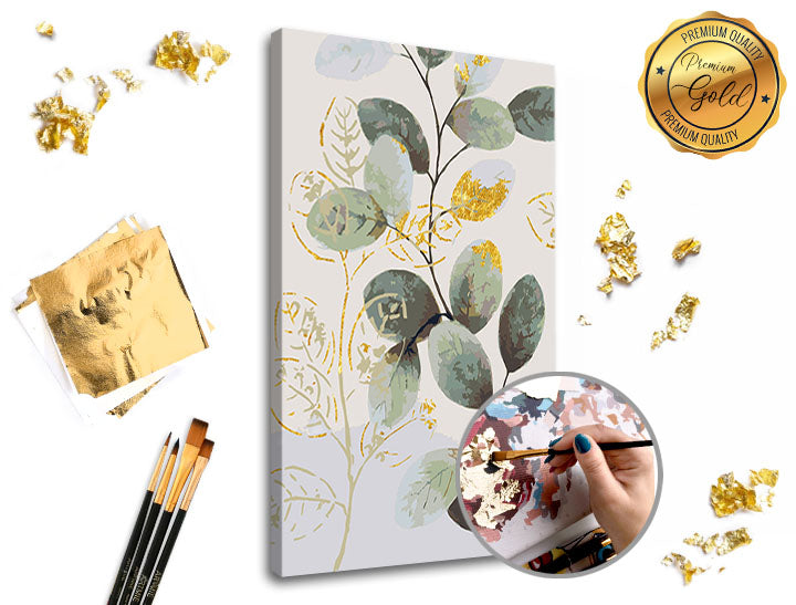Dipingere con i numeri PREMIUM GOLD | Foglie verde - oro - 40x60