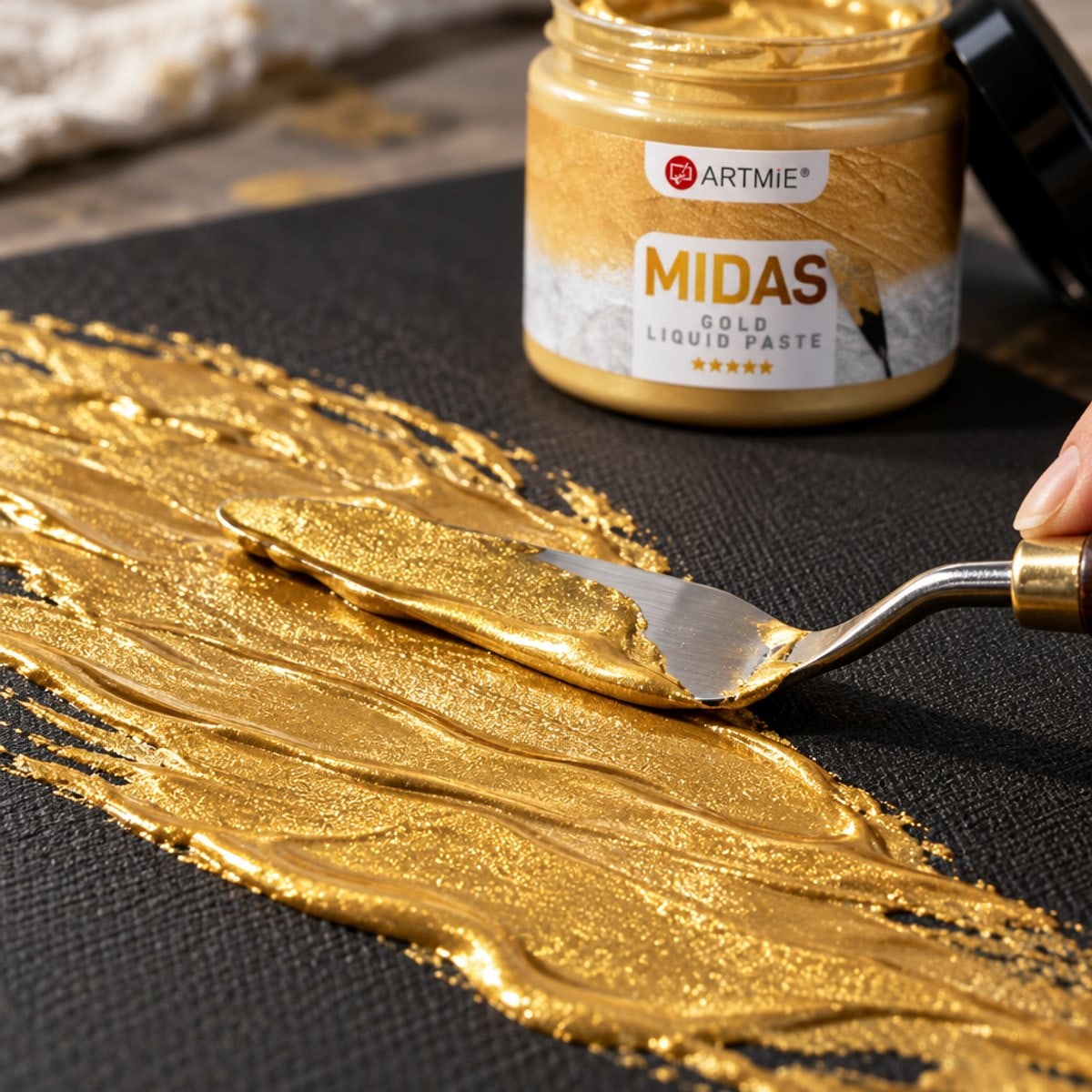Applicazione della pasta metallica oro ARTMIE MIDAS con la spatola su tela nera — macro