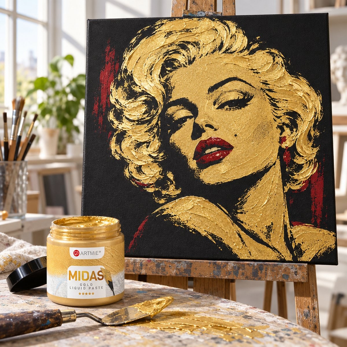 Ritratto su tela nera dipinto con la pasta oro ARTMIE MIDAS e colore rosso