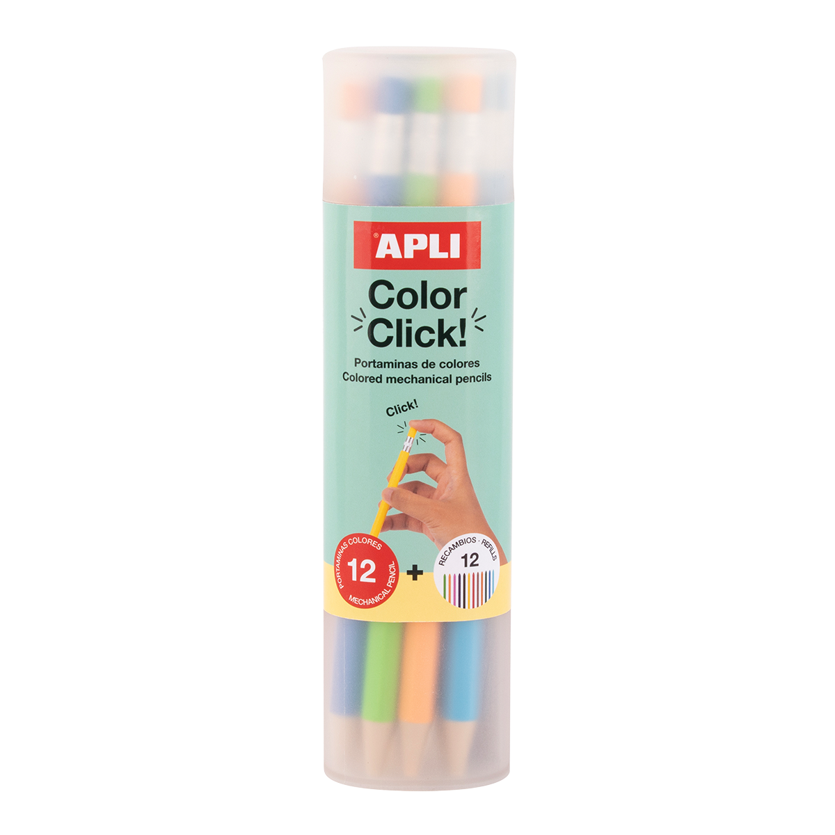 Pastelli a scatto APLI Color Click, 12 pz con mine di ricambio e temperamatite