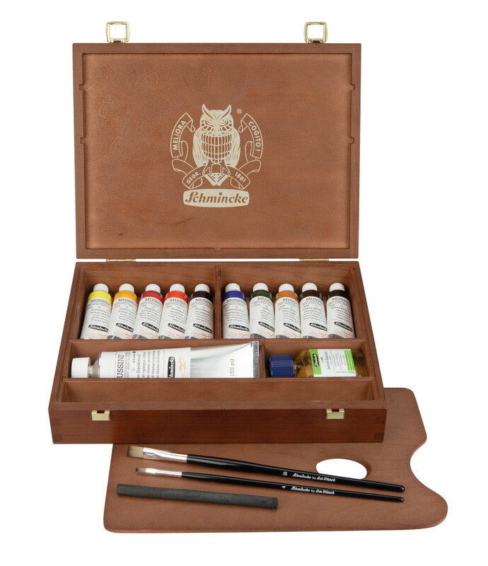 Schmincke MUSSINI cassetta in legno, 10 x 35 ml + bianco 150 ml