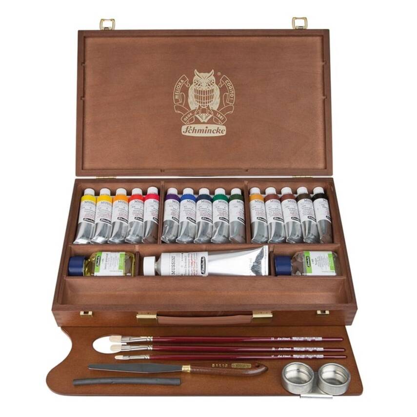 Schmincke MUSSINI cassetta in legno con colori a olio 15 x 35 ml e bianco 150 ml