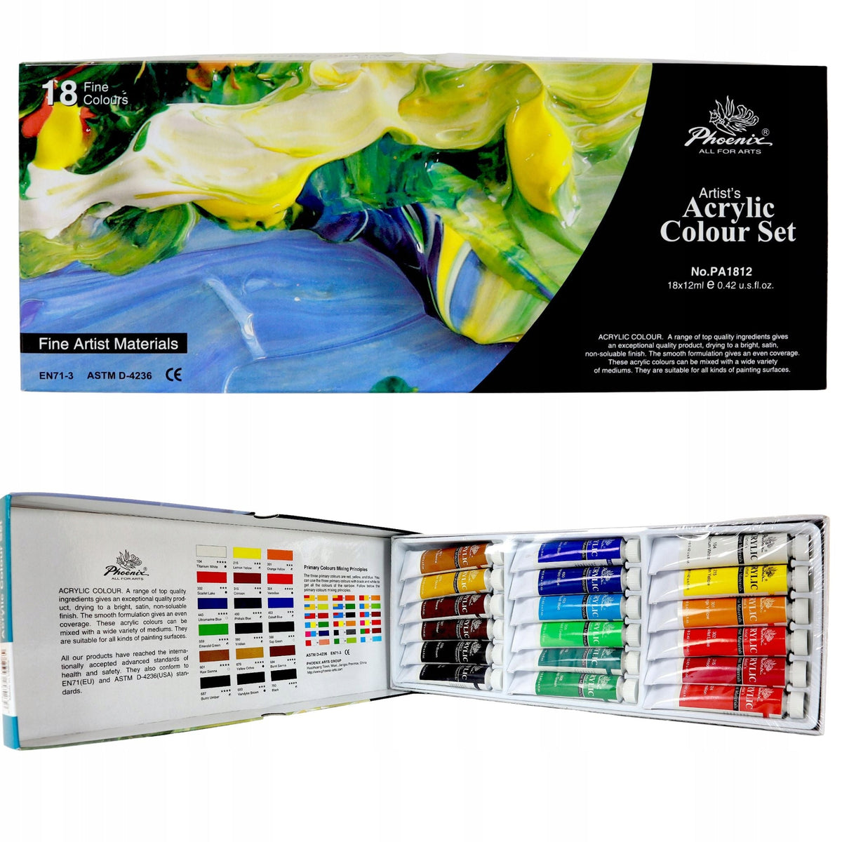 Set di colori acrilici Phoenix in valigetta di legno 18 x 12 ml con cavalletto e accessori