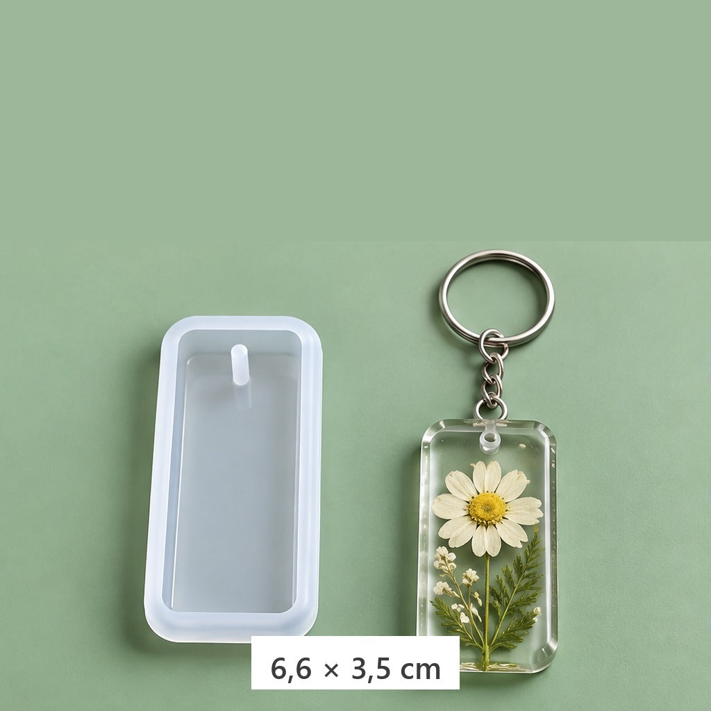 Stampo in silicone per ciondoli in resina epossidica con anelli portachiavi – stampo rettangolare 6,6 × 3,5 cm + 3 anelli per portachiavi